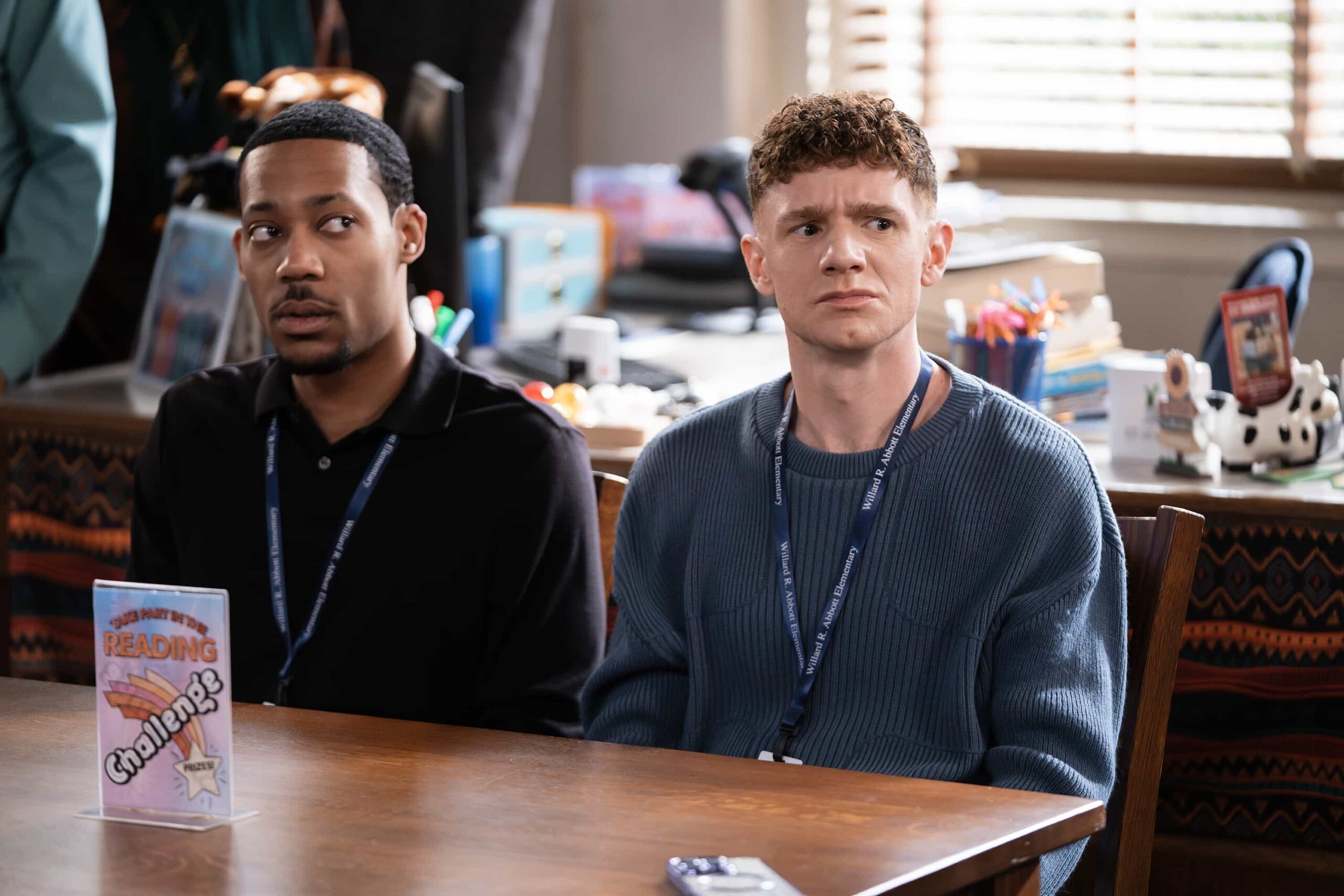 ABBOTT ELEMENTARY Season 5 Episode 17 - “No Homework” - Ava implements a no-homework policy at Abbott, sparking debate amongst the teachers. WEDNESDAY, MARCH 25 (8:30-9:02 p.m. EDT) on ABC. (Disney/Gilles Mingasson) 
TYLER JAMES WILLIAMS, CHRIS PERFETTI