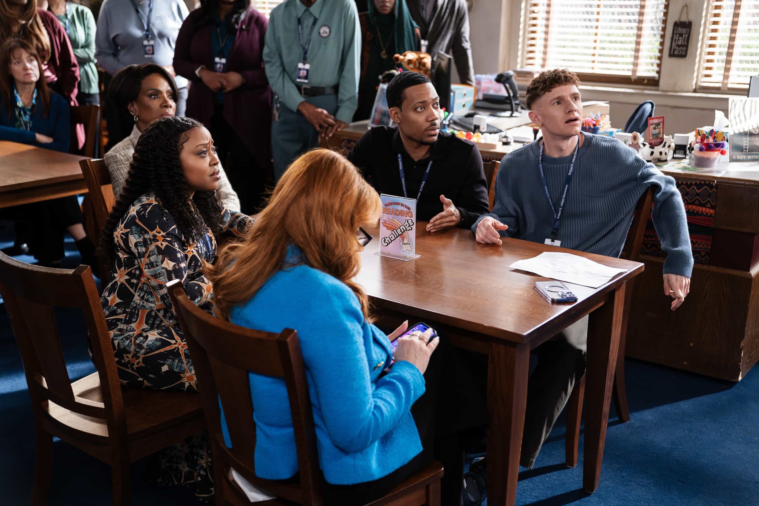 ABBOTT ELEMENTARY - “No Homework” - Ava implements a no-homework policy at Abbott, sparking debate amongst the teachers. WEDNESDAY, MARCH 25 (8:30-9:02 p.m. EDT) on ABC. (Disney/Gilles Mingasson) 
SHERYL LEE RALPH, QUINTA BRUNSON, TYLER JAMES WILLIAMS, CHRIS PERFETTI