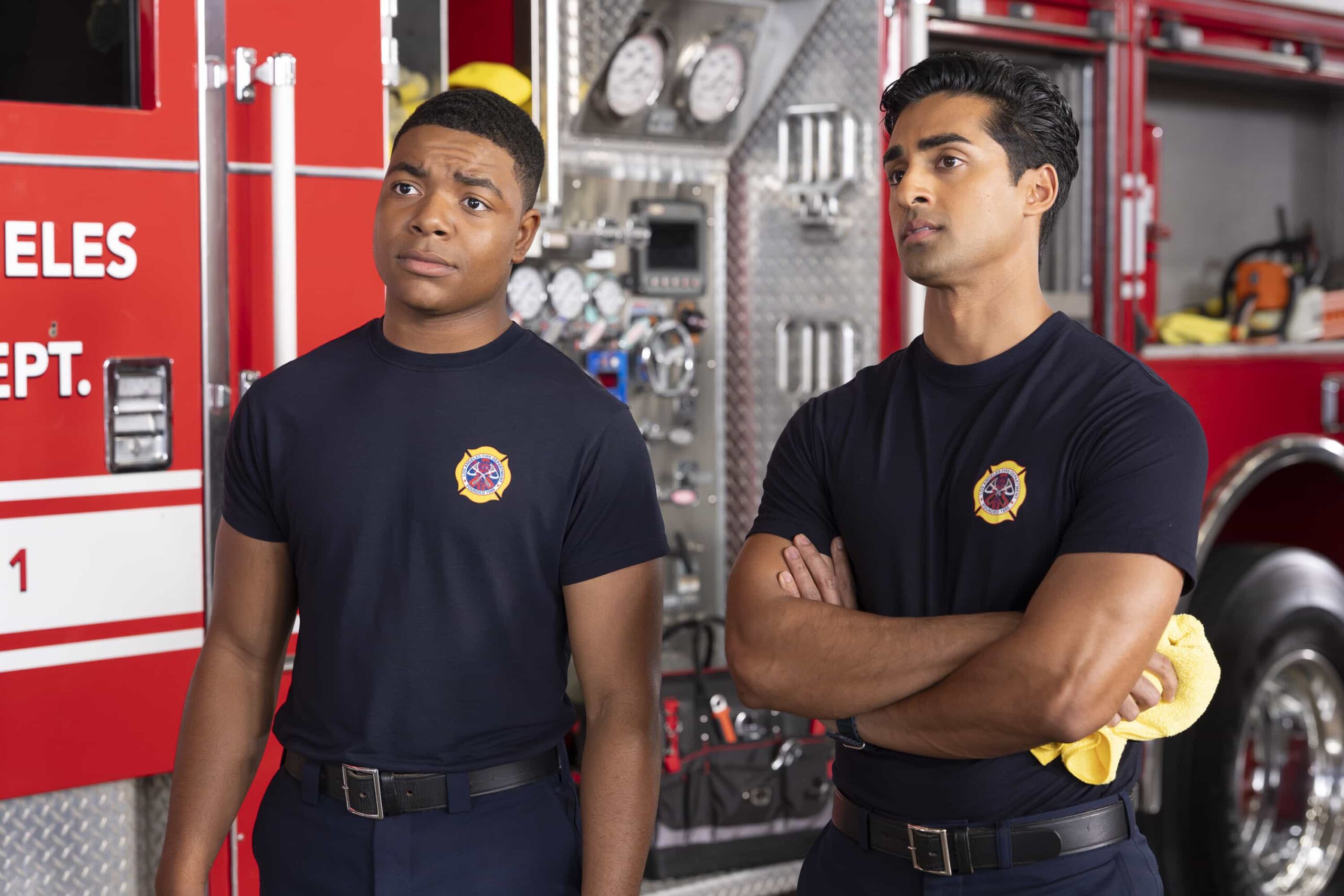 9-1-1 Season 9 Episode 15 Image - “Pick Your Poison” - Athena is pulled into a mysterious murder investigation when a man arrives at the station to report his own death. Meanwhile, the 118 races to the site of a car crash involving a mother and son. THURSDAY, MARCH 26 (8:00-9:00 p.m. EDT) on ABC.  (Disney/Christopher Willard) 
ELIJAH M. COOPER, ANIRUDH PISHARODY