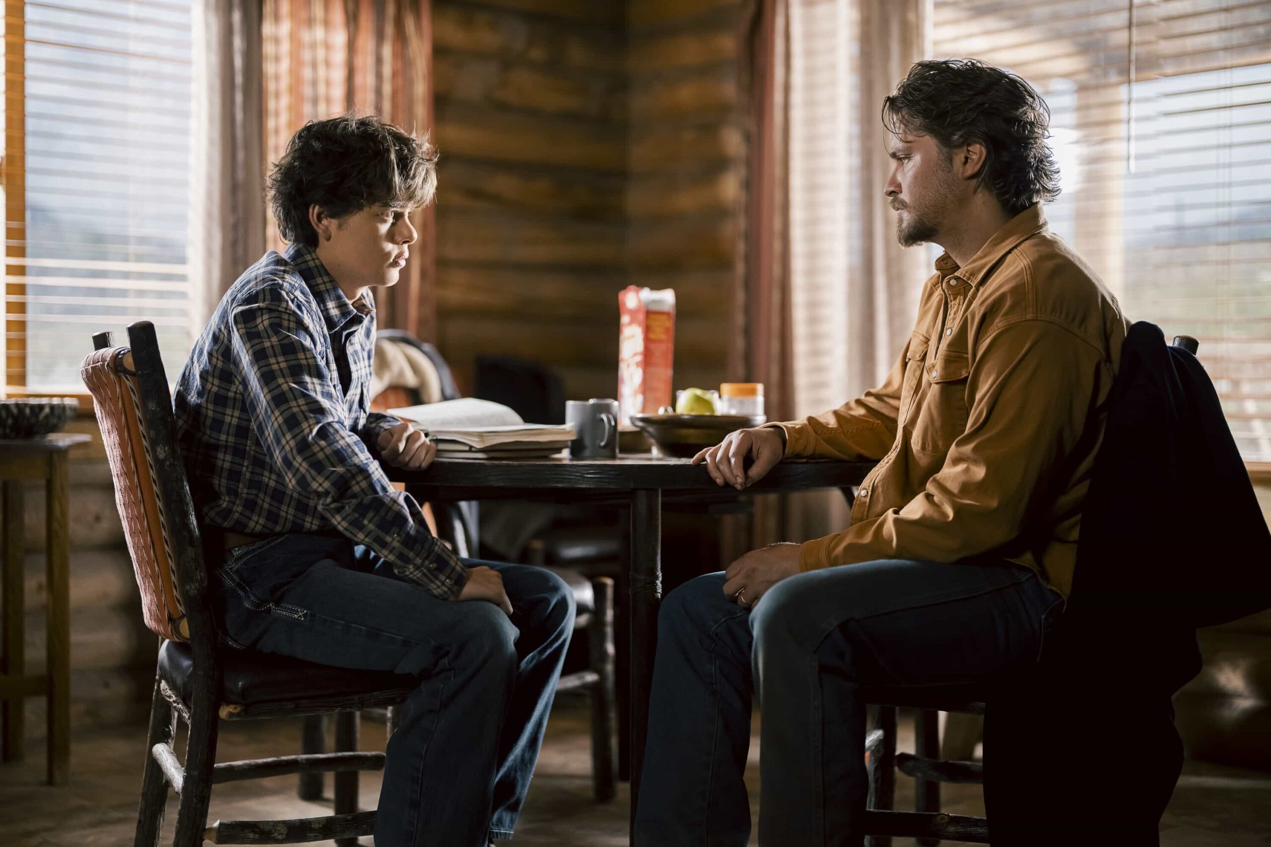 "Lost Girls" -- CBS Original Series MARSHALS, scheduled to air on Sunday, March 29 (8:00-9:00 PM ET/PT). Pictured (L-R): Brecken Merrill as Tate Dutton and Luke Grimes as Kayce Dutton. Photo: Christopher Saunders/CBS ©2025 CBS Broadcasting, Inc. All Rights Reserved.