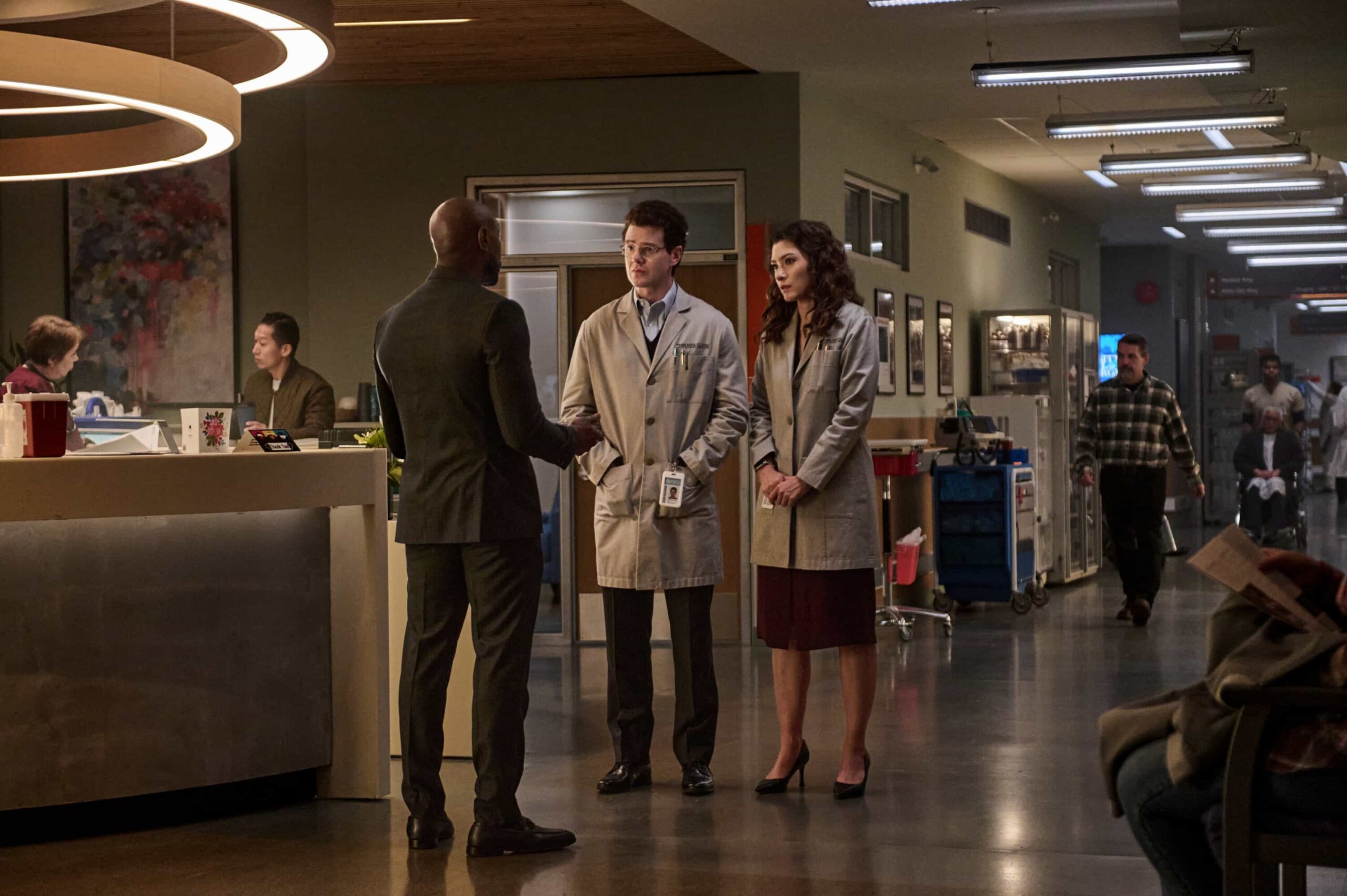 Watson Season 2 Episode 15 “A Third Act Surprise – Watson and the fellows race to save the life of a young woman who needs a lifesaving kidney donation. Meanwhile, Sherlock returns to help crack unsolved cases in Pittsburgh, on WATSON, Sunday, March 29 (10:00-11:00 PM, ET/PT) on the CBS Television Network, and streaming on Paramount+* Pictured (L-R): Morris Chestnut as Dr. John Watson, Peter Mark Kendall as Dr. Stephens Croft, and Inga Schlingmann as Dr. Sasha Lubbock Photo: Sergei Bachlakov/CBS ©2025 CBS Broadcasting, Inc. All Rights Reserved.