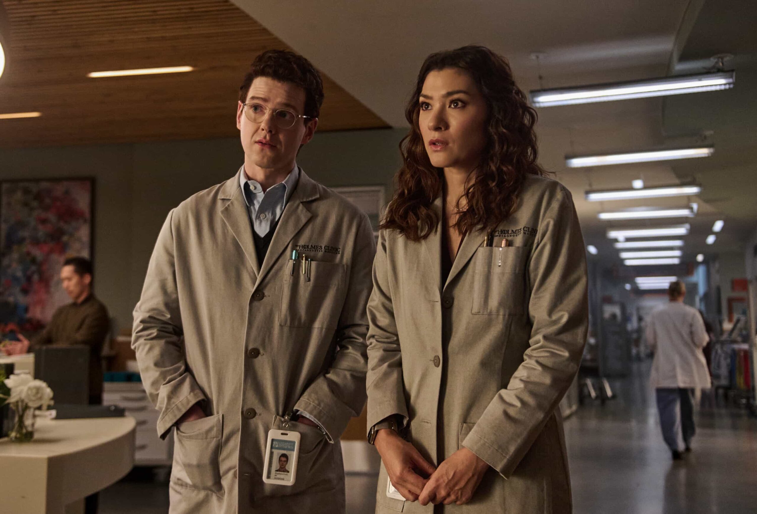 Watson Season 2 Episode 15 “A Third Act Surprise – Watson and the fellows race to save the life of a young woman who needs a lifesaving kidney donation. Meanwhile, Sherlock returns to help crack unsolved cases in Pittsburgh, on WATSON, Sunday, March 29 (10:00-11:00 PM, ET/PT) on the CBS Television Network, and streaming on Paramount+* Pictured (L-R): Peter Mark Kendall as Dr. Stephens Croft and Inga Schlingmann as Dr. Sasha Lubbock Photo: Sergei Bachlakov/CBS ©2025 CBS Broadcasting, Inc. All Rights Reserved.