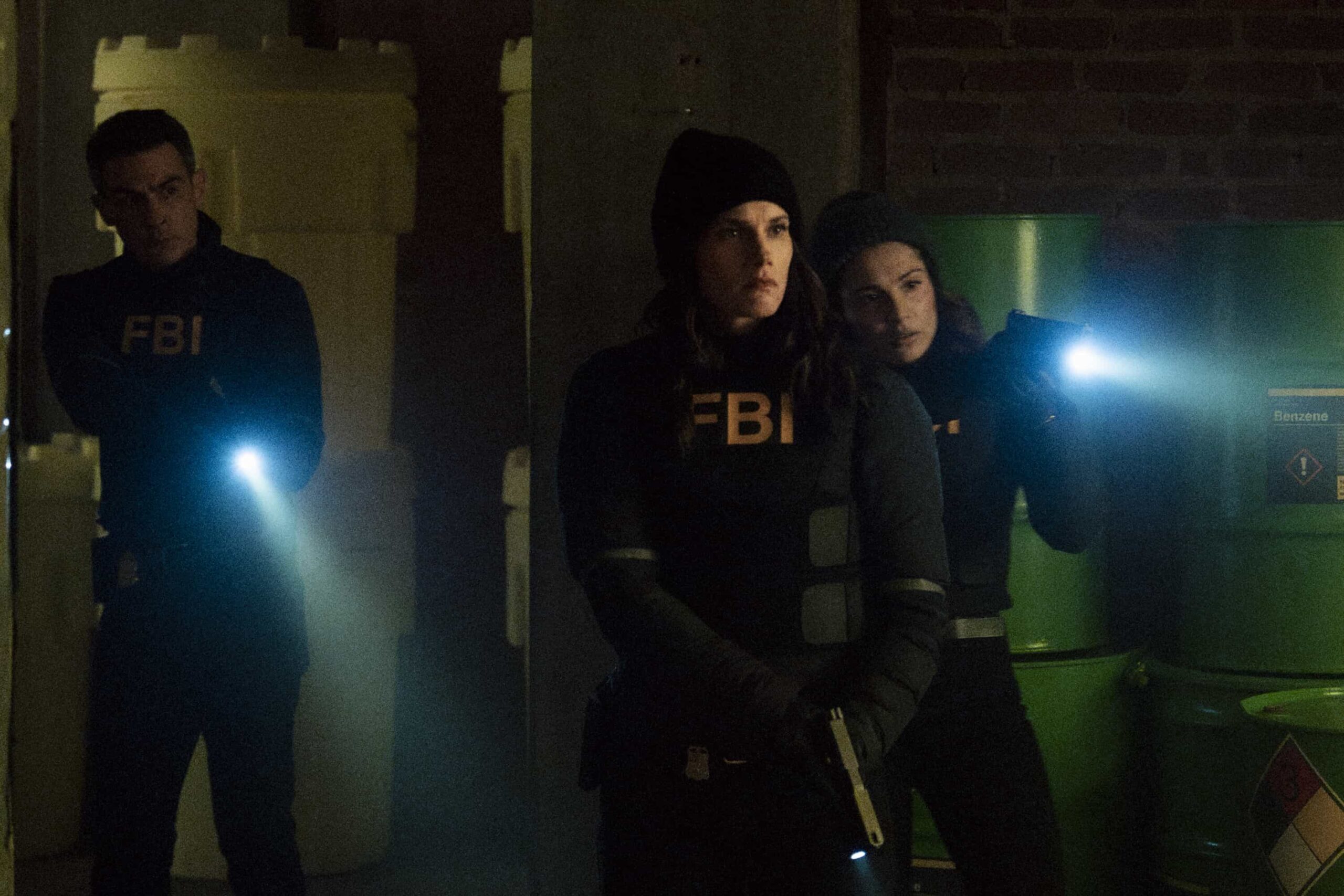 FBI Season 8 Episode 16 - “3 Up, 3 Down” – A double homicide in Brooklyn sets the team after a corrupt longshoreman but they soon discover something sinister has been smuggled into NY. As they race to stop the threat, Isobel enlists the help of CIA\'s Deputy Chief of Station Nikki Reynard (Necar Zadegan), on FBI, Monday, March 30 (9:00-10:00 PM, ET/PT). Pictured (L-R): John Boyd as Special Agent Stuart Scola, Missy Peregrym as Special Agent Maggie Bell, and Juliana Aidén Martinez as Eva Ramos. Photo: Bennett Raglin/CBS ©2026 CBS Broadcasting, Inc. All Rights Reserved.