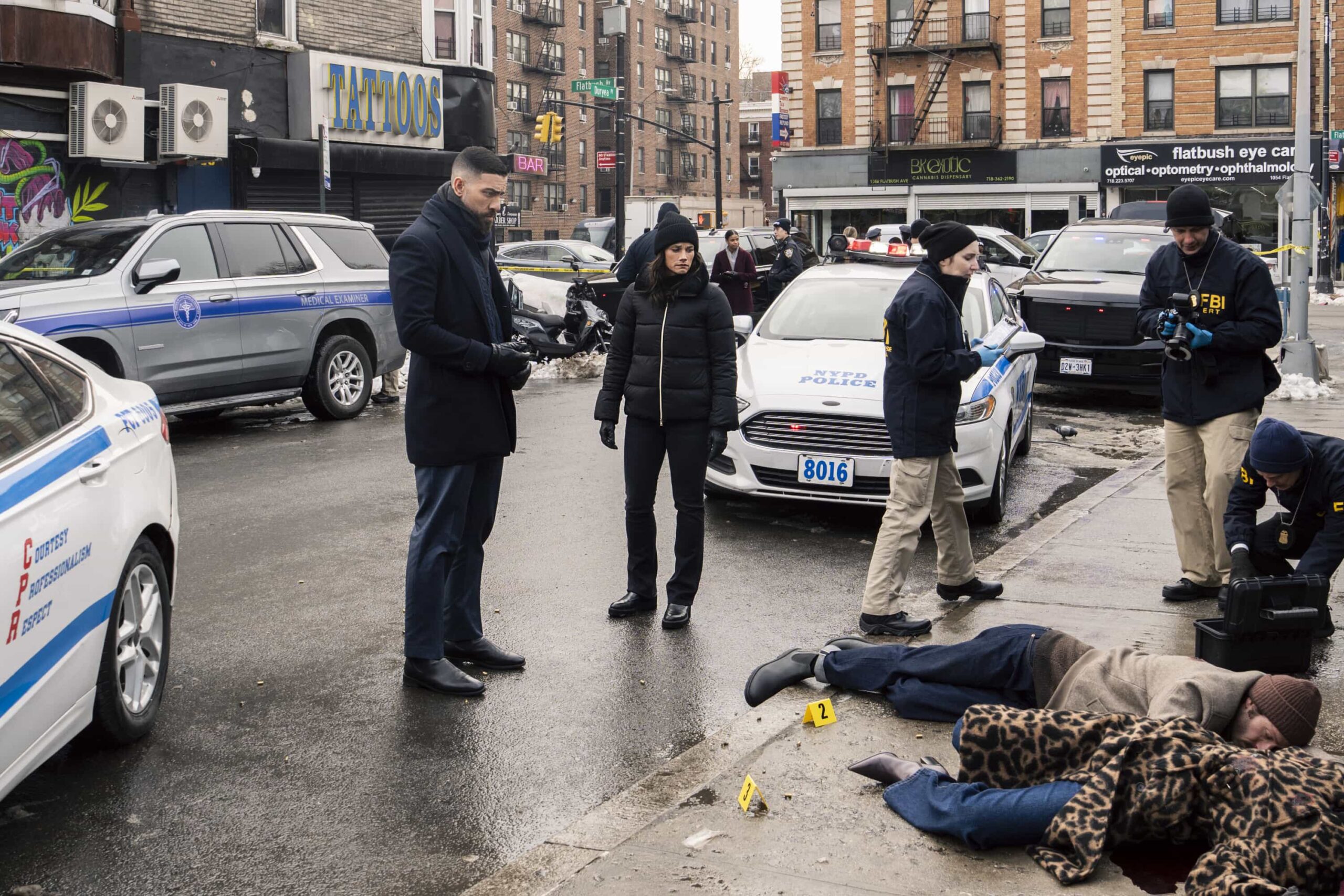 FBI Season 8 Episode 16 - “3 Up, 3 Down” – A double homicide in Brooklyn sets the team after a corrupt longshoreman but they soon discover something sinister has been smuggled into NY. As they race to stop the threat, Isobel enlists the help of CIA\'s Deputy Chief of Station Nikki Reynard (Necar Zadegan), on FBI, Monday, March 30 (9:00-10:00 PM, ET/PT). Pictured (L-R): Zeeko Zaki as Special Agent Omar Adom ‘OA’ Zidan and Missy Peregrym as Special Agent Maggie Bell. Photo: Bennett Raglin/CBS ©2026 CBS Broadcasting, Inc. All Rights Reserved.