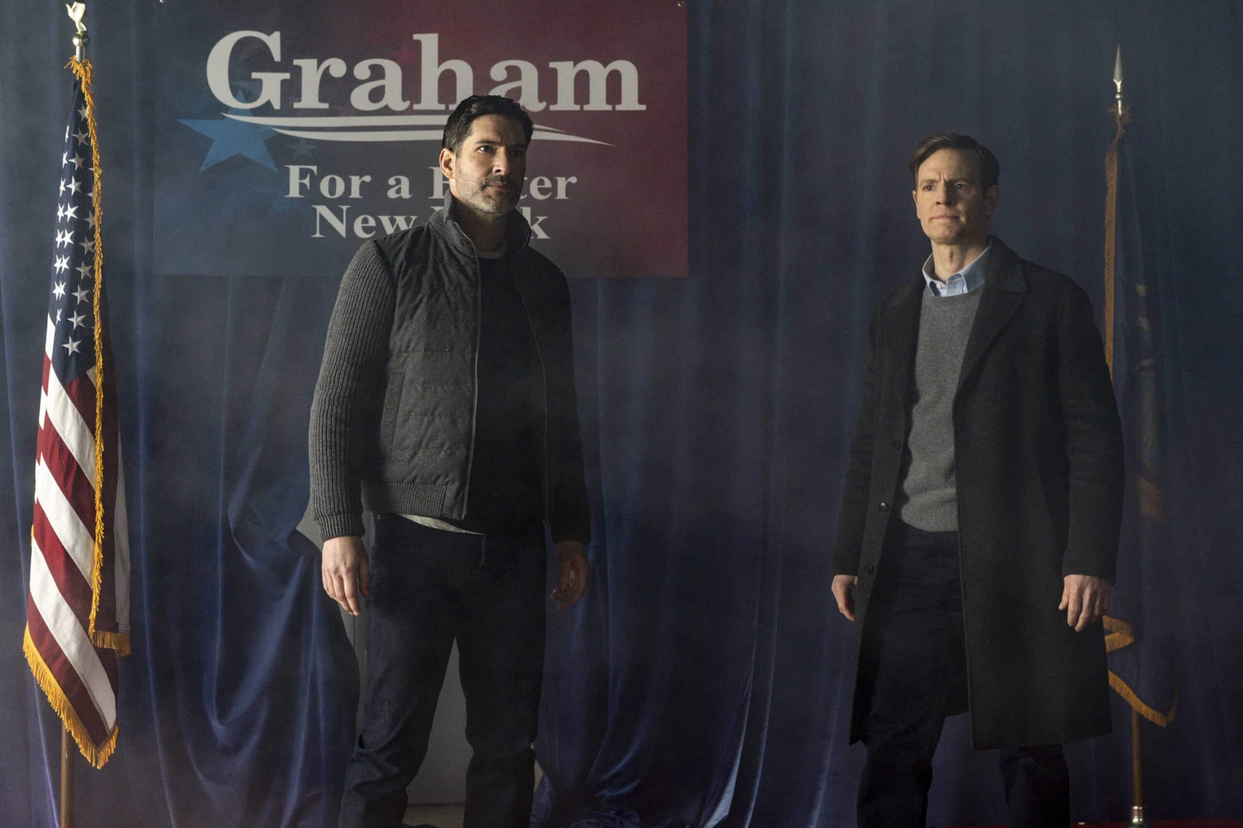 "Pledge of Allegiance" -- CBS Original Series CIA, scheduled to air on Monday, March 30 (10:00-11:00 PM, ET/PT).  Pictured (L-R): Tom Ellis as CIA Case Officer Colin Glass and Nick Gehlfuss as Special Agent Bill Goodman. Photo: Mark Schafer/CBS ©2026 CBS Broadcasting, Inc. All Rights Reserved.