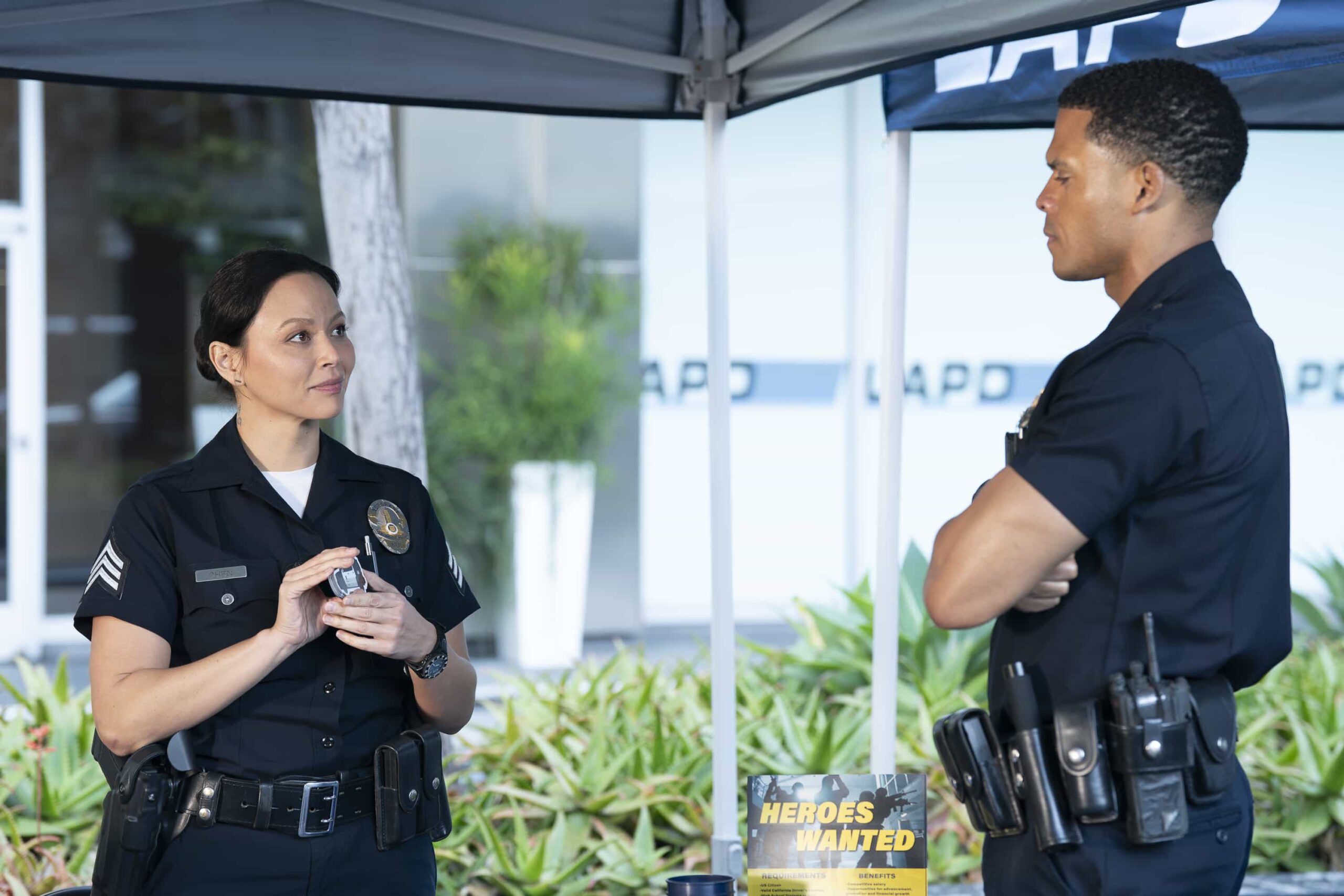 THE ROOKIE  Season 8 Episode 13 Photo - “The Thinker” - Bailey gets a new role, and a ride-along with Nolan goes awry. Meanwhile, the team looks to recruit new members. MONDAY, MARCH 30 (10:02-11:00 p.m. EDT) on ABC. (Disney/Mike Taing) 
MELISSA O’NEIL, DERIC AUGUSTINE