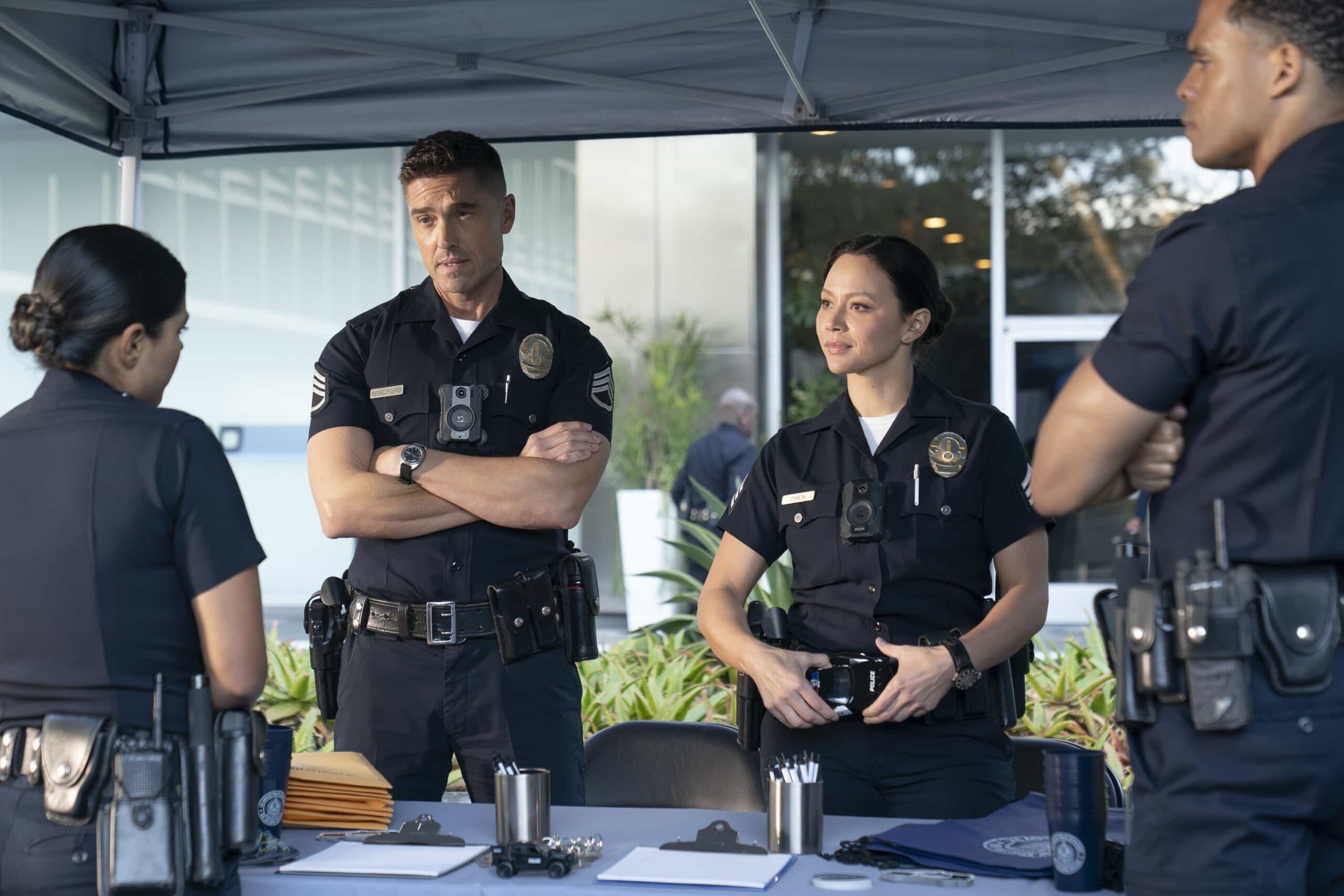 THE ROOKIE  Season 8 Episode 13 Image  - “The Thinker” - Bailey gets a new role, and a ride-along with Nolan goes awry. Meanwhile, the team looks to recruit new members. MONDAY, MARCH 30 (10:02-11:00 p.m. EDT) on ABC. (Disney/Mike Taing) 
ERIC WINTER, MELISSA O’NEIL
