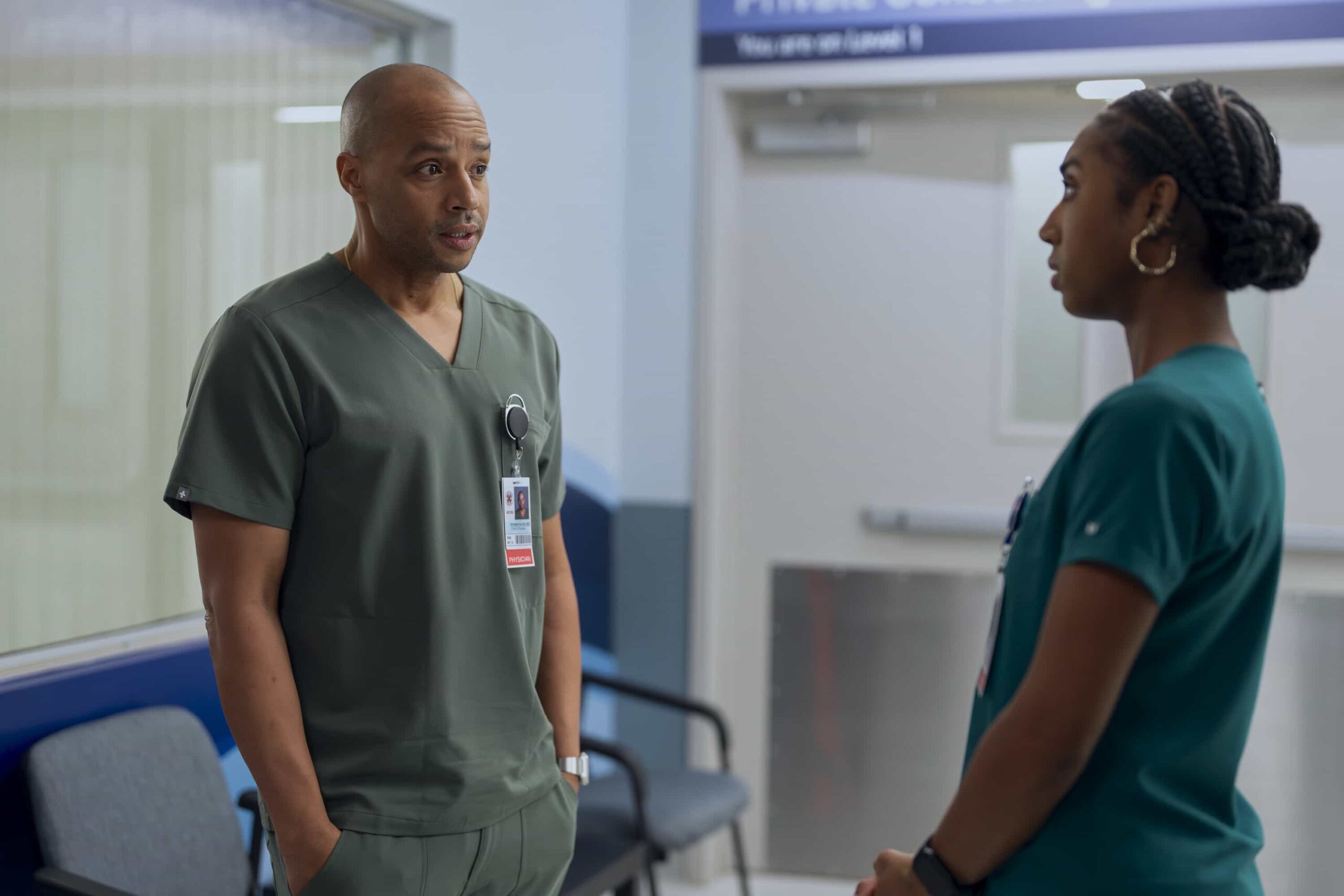 SCRUBS - "My Best Friend's Barbecue" - While J.D. is upset to not be invited to Turk and Carla's annual barbecue, he takes the opportunity to nurture his friendship with Carla at work. Turk teaches the surgical interns how to deliver bad news. WEDNESDAY, APRIL 1 (8:00-8:30 p.m. EDT) on ABC. (Disney/Darko Sikman) 
DONALD FAISON, AMANDA MORROW