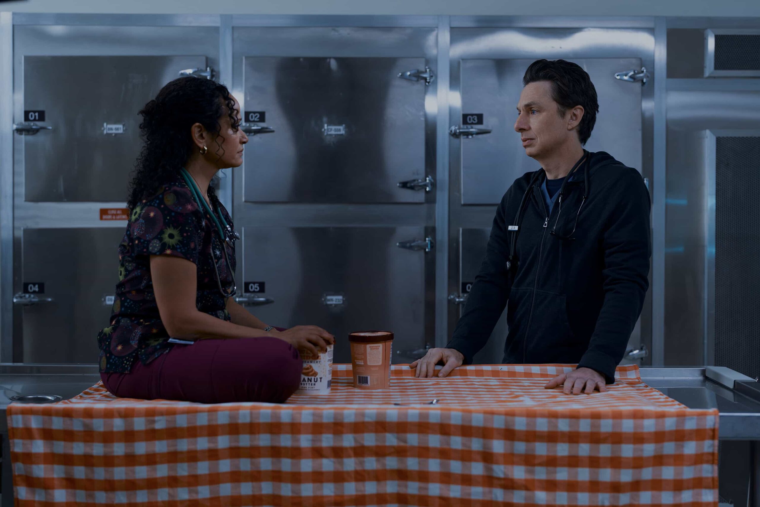 SCRUBS Season 10 Episode 7 - "My Best Friend's Barbecue" - While J.D. is upset to not be invited to Turk and Carla's annual barbecue, he takes the opportunity to nurture his friendship with Carla at work. Turk teaches the surgical interns how to deliver bad news. WEDNESDAY, APRIL 1 (8:00-8:30 p.m. EDT) on ABC. (Disney/Darko Sikman) 
JUDY REYES, ZACH BRAFF