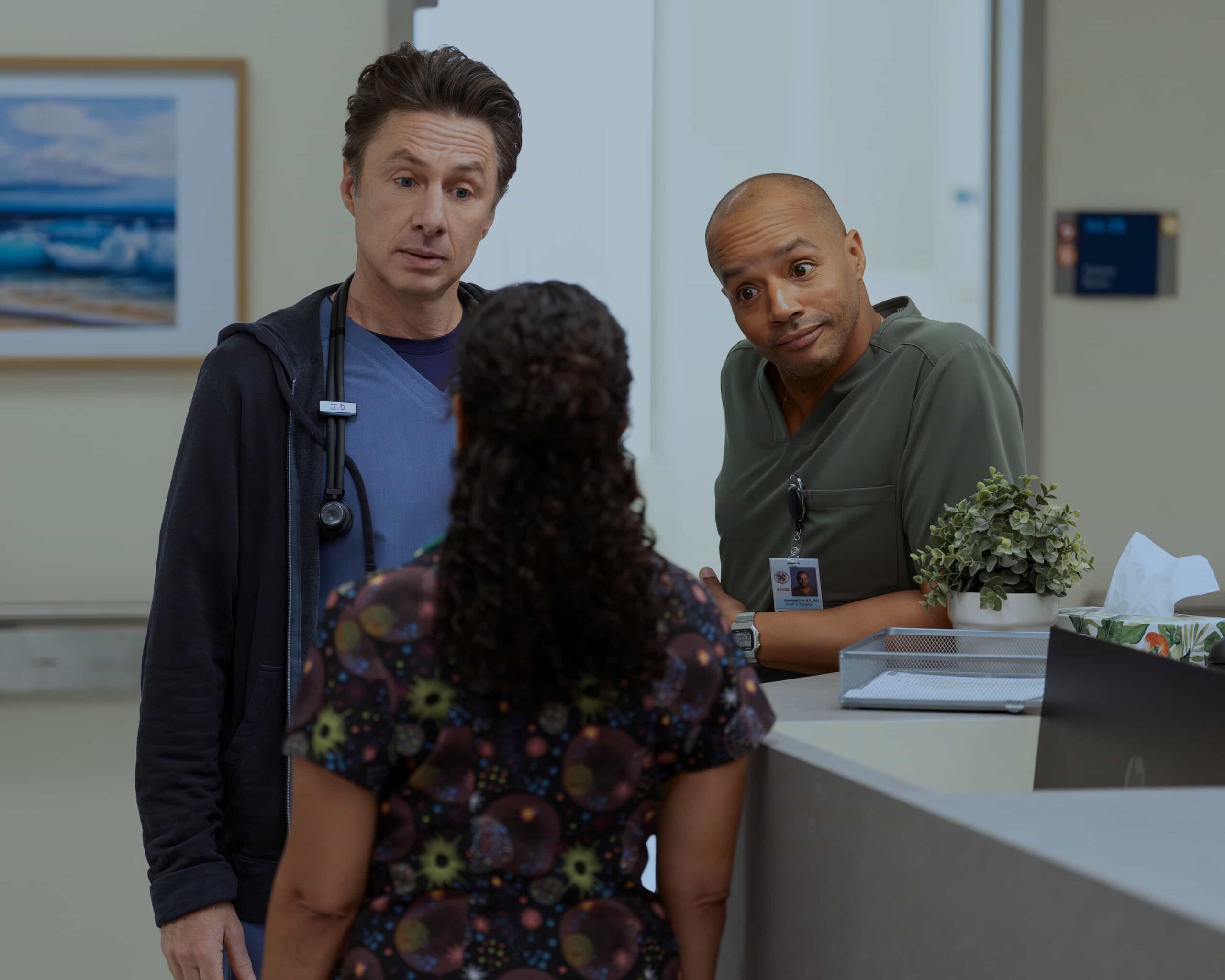 SCRUBS - "My Best Friend's Barbecue" - While J.D. is upset to not be invited to Turk and Carla's annual barbecue, he takes the opportunity to nurture his friendship with Carla at work. Turk teaches the surgical interns how to deliver bad news. WEDNESDAY, APRIL 1 (8:00-8:30 p.m. EDT) on ABC. (Disney/Darko Sikman) 
ZACH BRAFF, DONALD FAISON