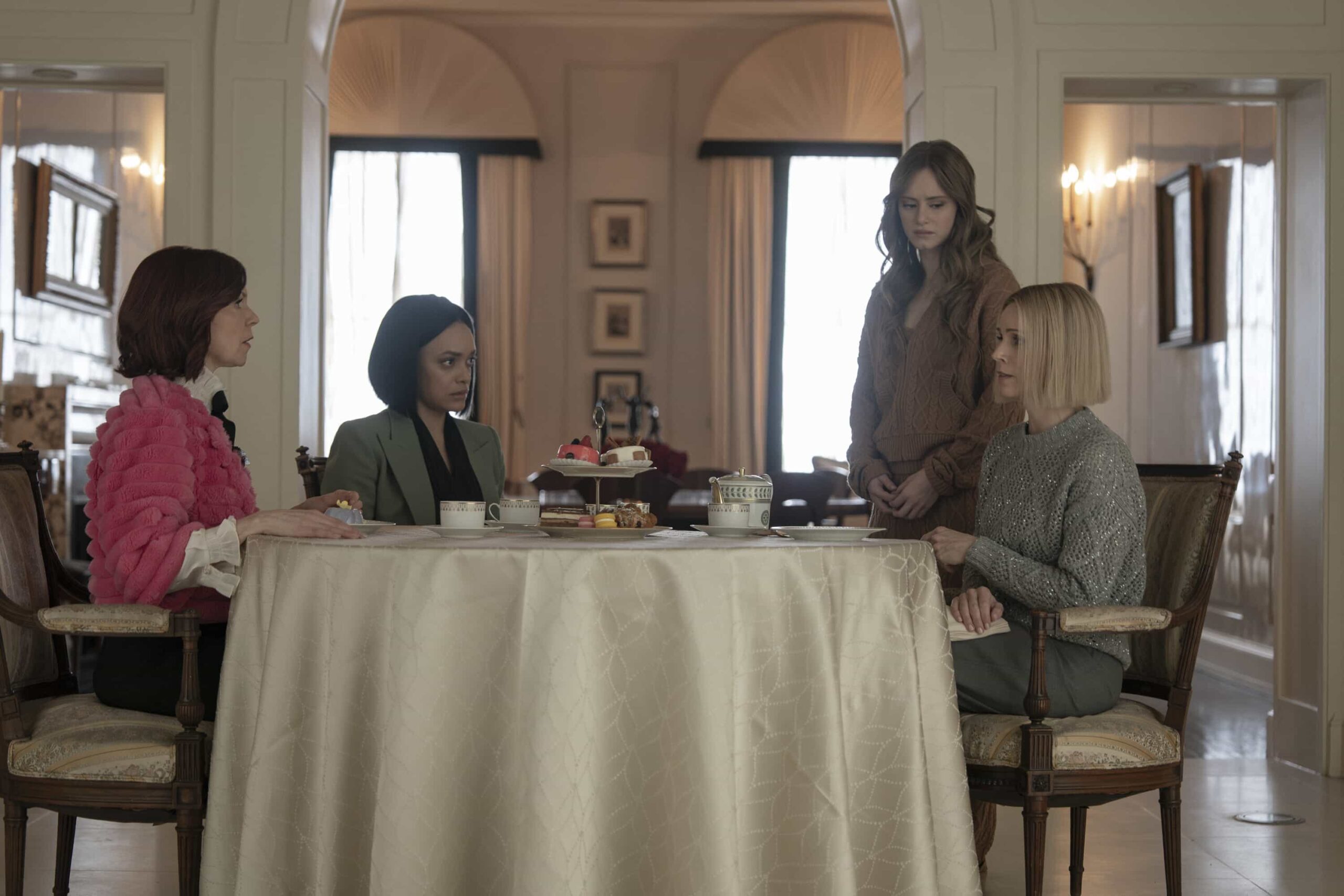 Elsbeth Season 3 Episode 14 “Deadutante” - After a powerful patriarch is stabbed with a sword at New York’s most exclusive debutante ball, Elsbeth must engage in hand in glove combat with the imperious ball director (J. Smith Cameron), on ELSBETH, Thursday, April 2 (10:00-11:00 PM, ET/PT) on the CBS Television Network and streaming on Paramount+ Pictured L to R: Carrie Preston as Elsbeth Tascioni, Britne Oldford as Detective Nina Taylor, Danielle Kotch as Plum Wallace Mckee Barlowe and Katie Rose Clarke as Sloan Wallace Mckee Barlowe. Photo: Michael Parmelee/CBS ©2026 CBS Broadcasting, Inc. All Rights Reserved.