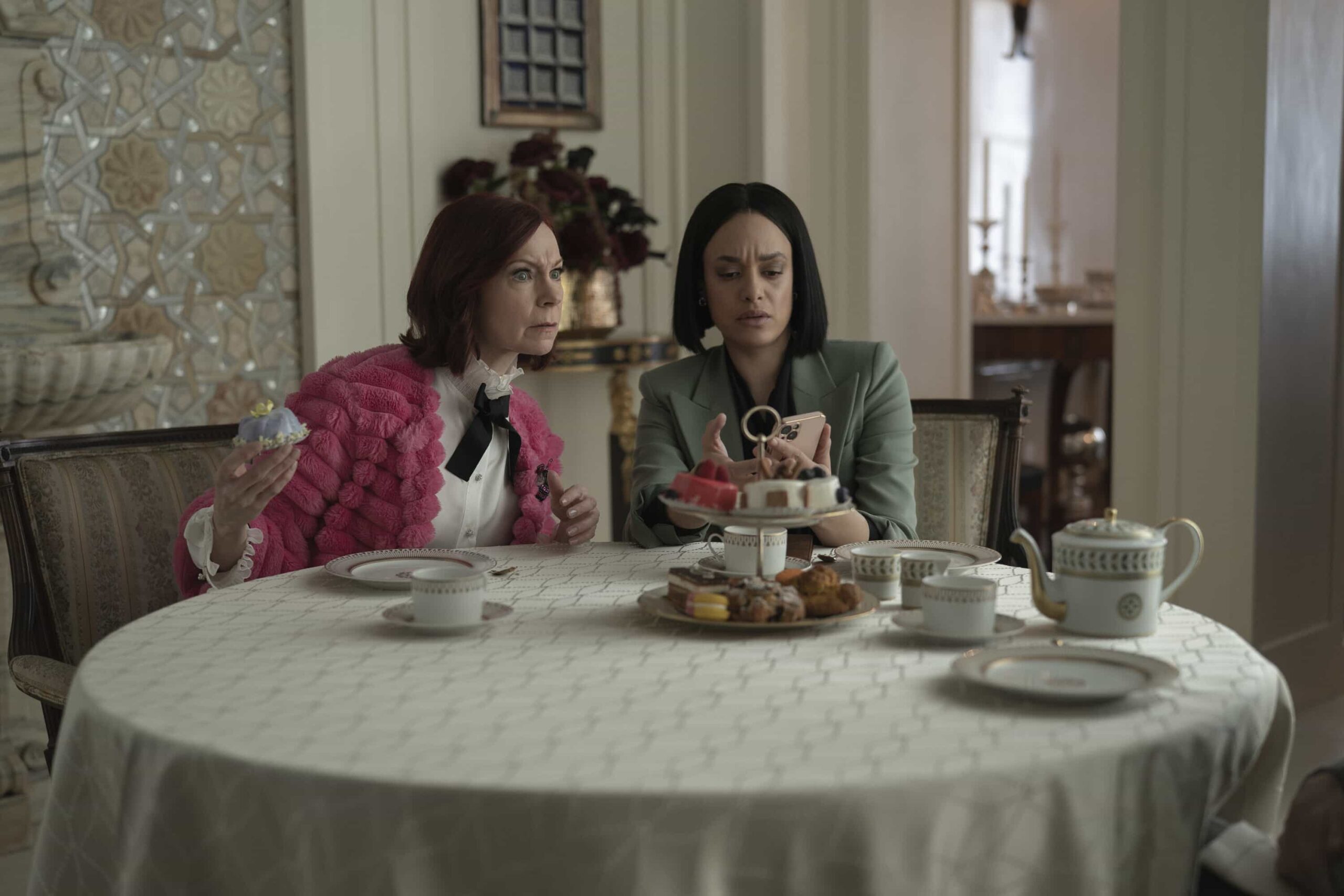 Elsbeth Season 3 Episode 14 “Deadutante” - After a powerful patriarch is stabbed with a sword at New York’s most exclusive debutante ball, Elsbeth must engage in hand in glove combat with the imperious ball director (J. Smith Cameron), on ELSBETH, Thursday, April 2 (10:00-11:00 PM, ET/PT) on the CBS Television Network and streaming on Paramount+ Pictured L to R: Carrie Preston as Elsbeth Tascioni and Britne Oldford as Detective Nina Taylor. Photo: Michael Parmelee/CBS ©2026 CBS Broadcasting, Inc. All Rights Reserved.