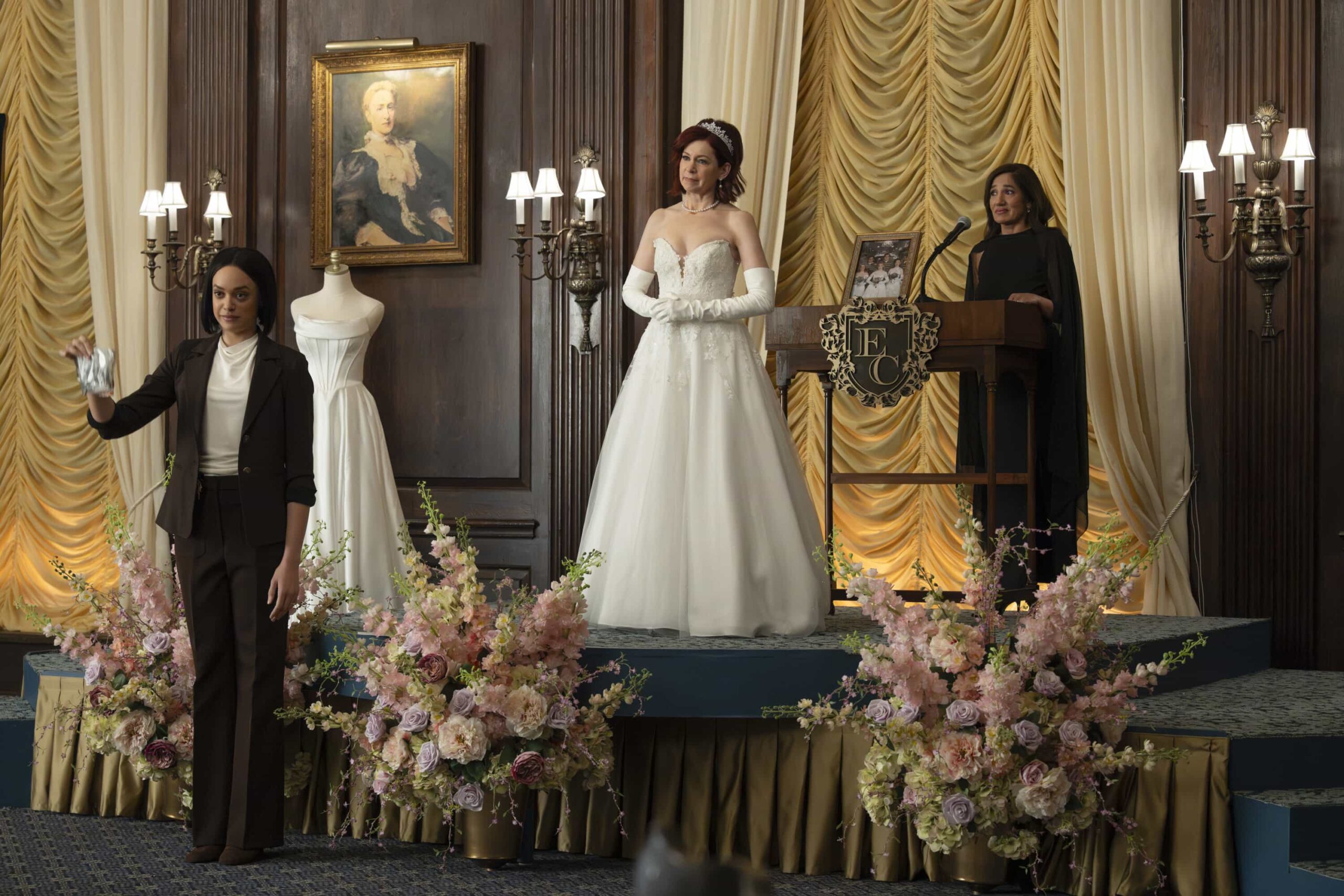 Elsbeth Season 3 Episode 14 “Deadutante” - After a powerful patriarch is stabbed with a sword at New York’s most exclusive debutante ball, Elsbeth must engage in hand in glove combat with the imperious ball director (J. Smith Cameron), on ELSBETH, Thursday, April 2 (10:00-11:00 PM, ET/PT) on the CBS Television Network and streaming on Paramount+ Pictured L to R: Britne Oldford as Detective Nina Taylor and Carrie Preston as Elsbeth Tascioni and Purva Bedi as Jules. Photo: Jojo Whilden/CBS ©2026 CBS Broadcasting, Inc. All Rights Reserved.