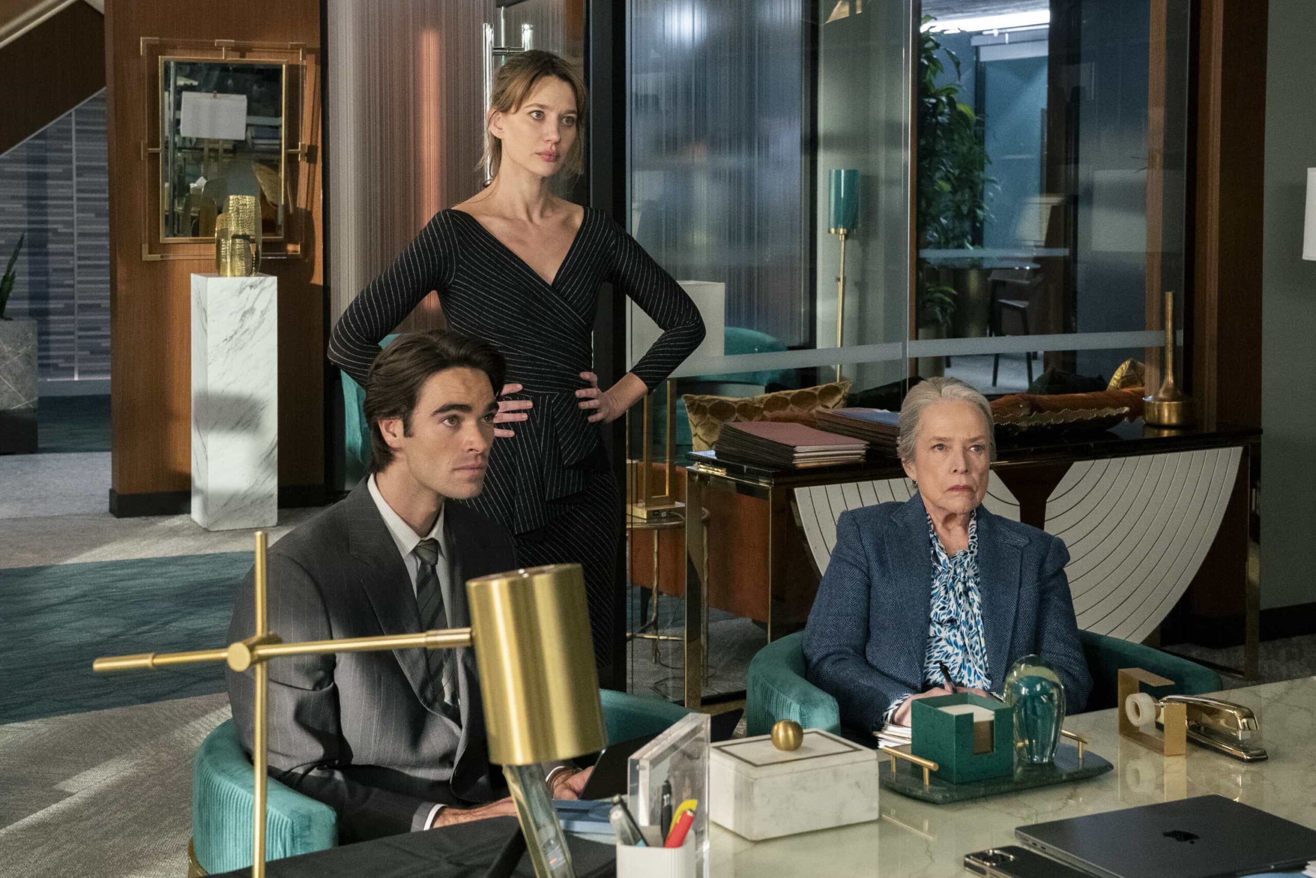 “The Cavalry Isn’t Coming” -- Coverage of the CBS Original Series MATLOCK, scheduled to air on Thursday, April 2 (9:00-10:00 PM, ET/PT).  Pictured (L-R): Henry Haber as "Hunter Langley,” Yael Grobglas as "Shae Banfield,” and Kathy Bates as “Madeline Matlock.” Photo: Bill Inoshita/CBS ©2026 CBS Broadcasting, Inc. All Rights Reserved.