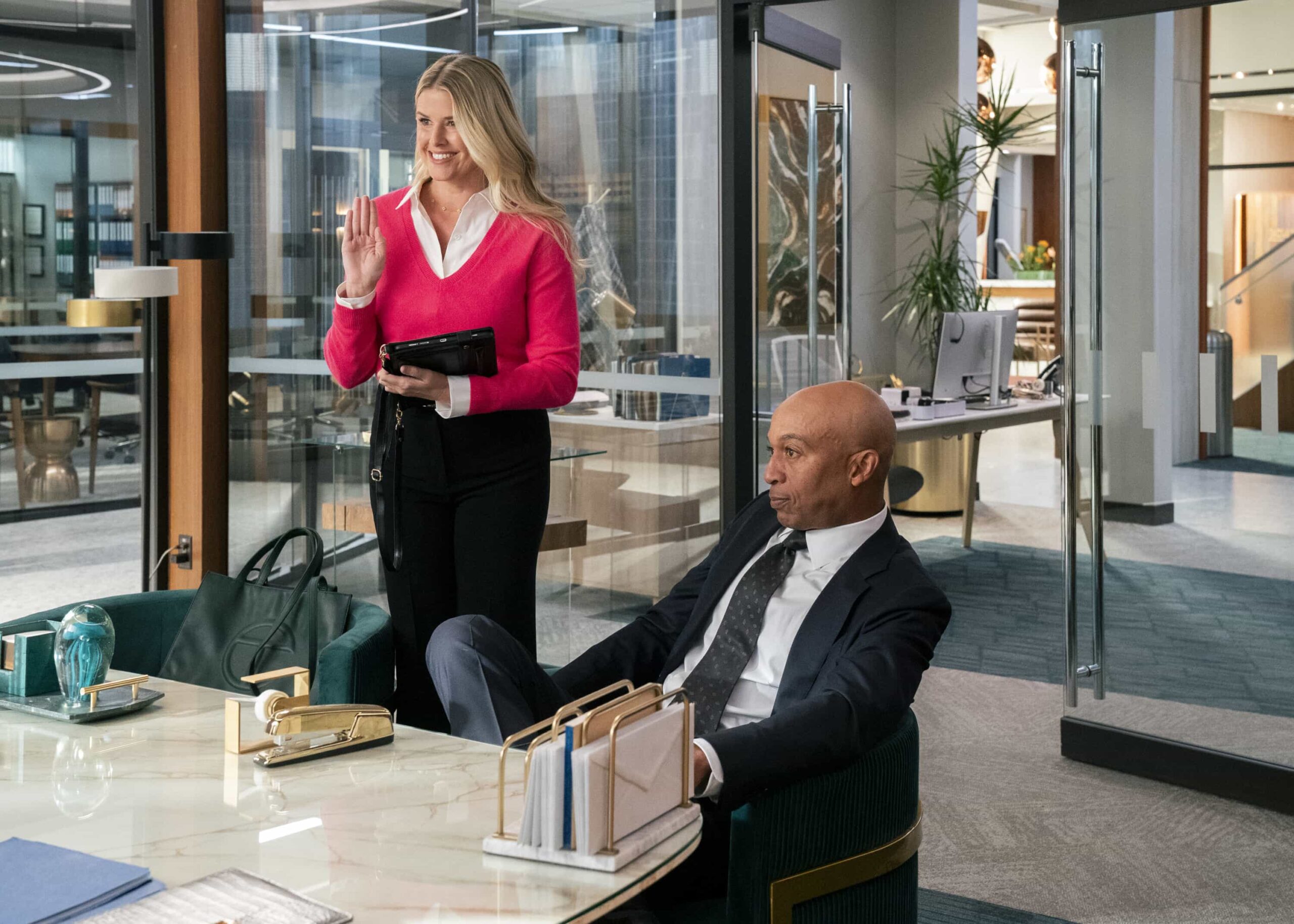 Matlock Season 2 Episode 12 “The Cavalry Isn’t Coming” -- Coverage of the CBS Original Series MATLOCK, scheduled to air on Thursday, April 2 (9:00-10:00 PM, ET/PT).  Pictured (L-R): Sarah Wright Olsen as ‘Gwendolyn “Gwen” Easton’ and James Lesure as “Lester Logan.”  Photo: Bill Inoshita/CBS ©2026 CBS Broadcasting, Inc. All Rights Reserved.