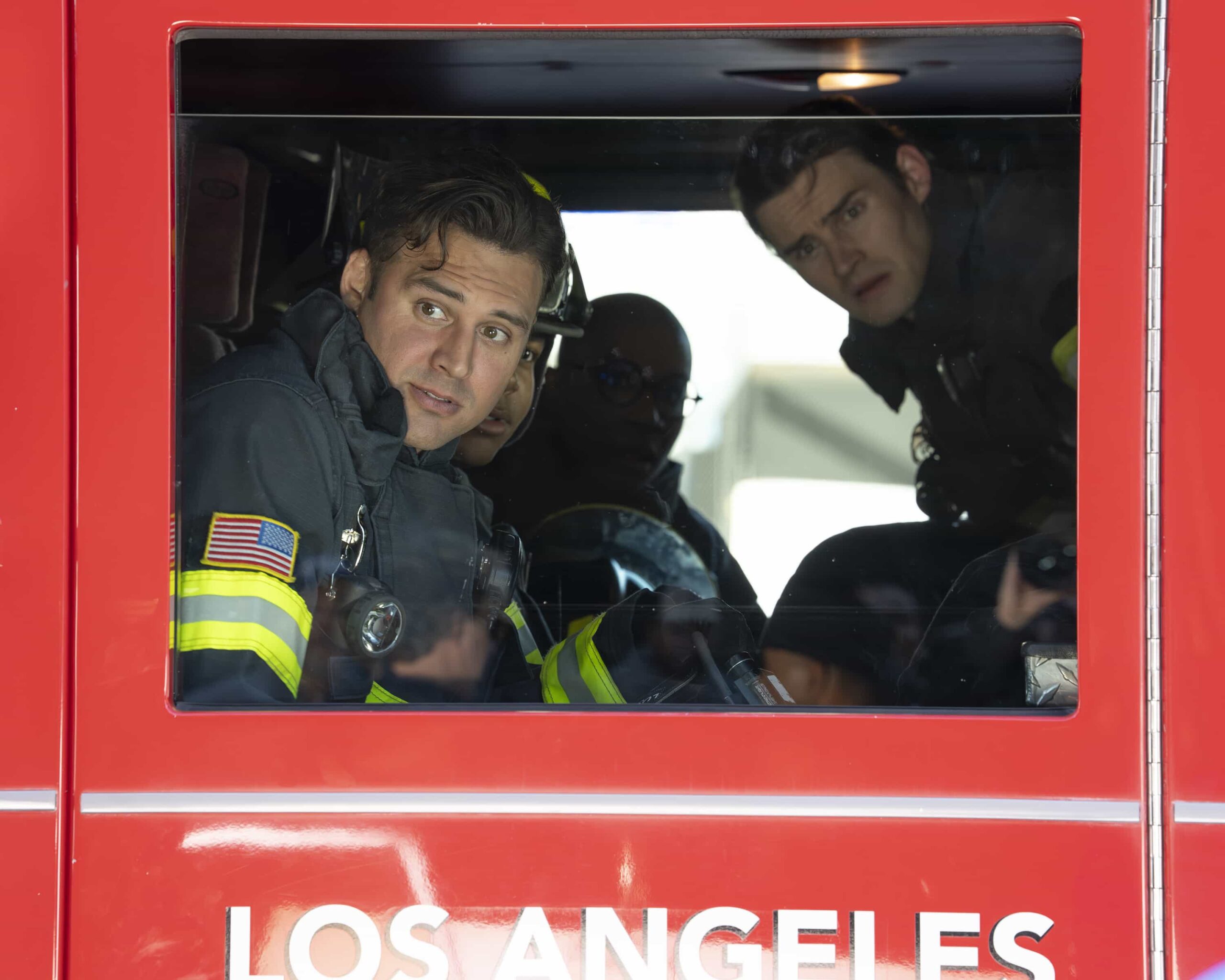 9-1-1 Season 9 Episode 16 - “Where There’s Smoke” - The 118 must account for every decision made during a recent fire call when the team’s actions are investigated for possible mistakes. Meanwhile, Buck works behind the scenes to support his team as he waits to learn if he can return to the station. THURSDAY, APRIL 2 (THURSDAY, APRIL 2) on ABC. (Disney/Christopher Willard) 
RYAN GUZMAN, ELIJAH M. COOPER, AISHA HINDS, MICHAEL JOHNSTON