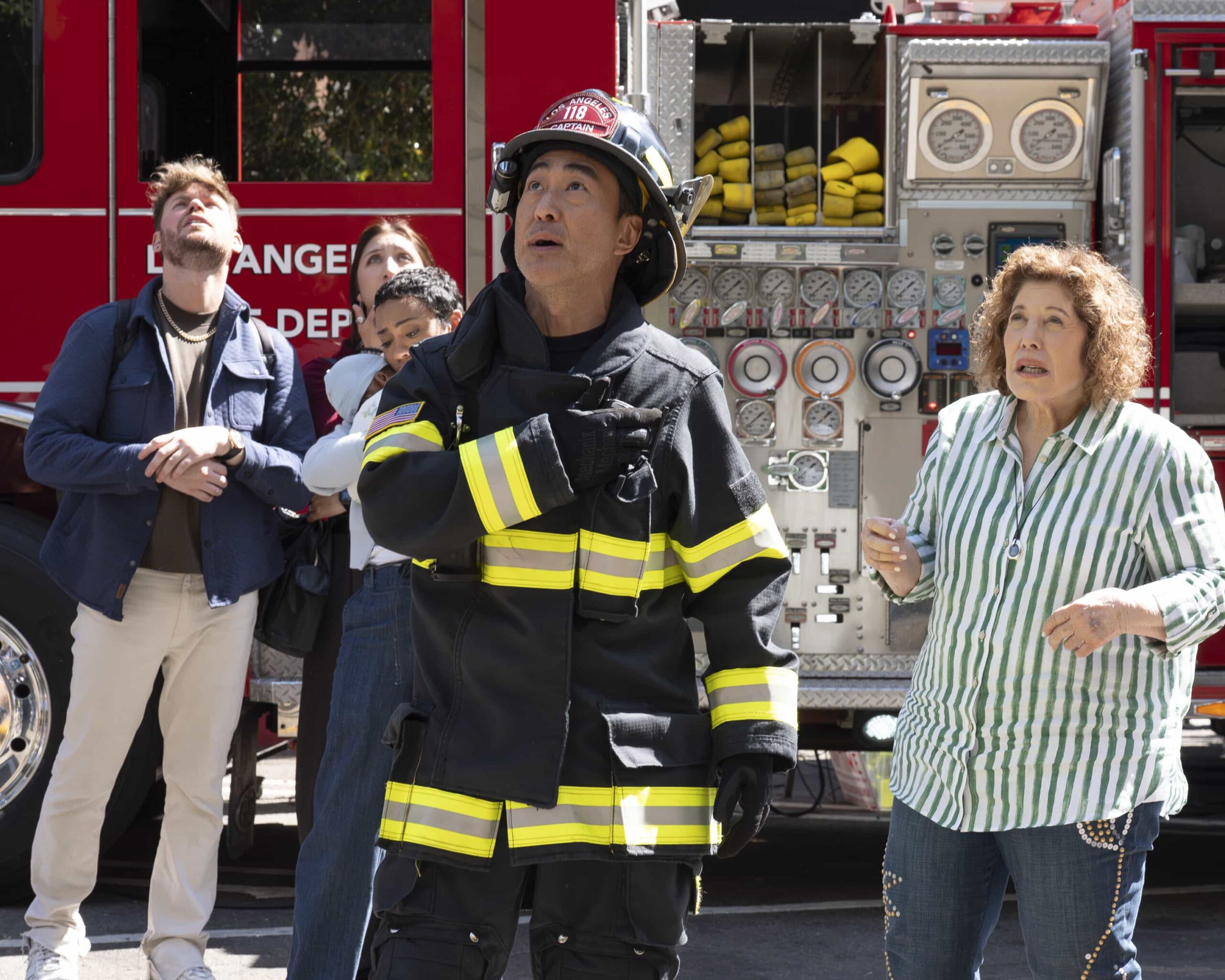 9-1-1 Season 9 Episode 16 - “Where There’s Smoke” - The 118 must account for every decision made during a recent fire call when the team’s actions are investigated for possible mistakes. Meanwhile, Buck works behind the scenes to support his team as he waits to learn if he can return to the station. THURSDAY, APRIL 2 (THURSDAY, APRIL 2) on ABC. (Disney/Christopher Willard) 
KENNETH CHOI, ELLEN GERSTEIN