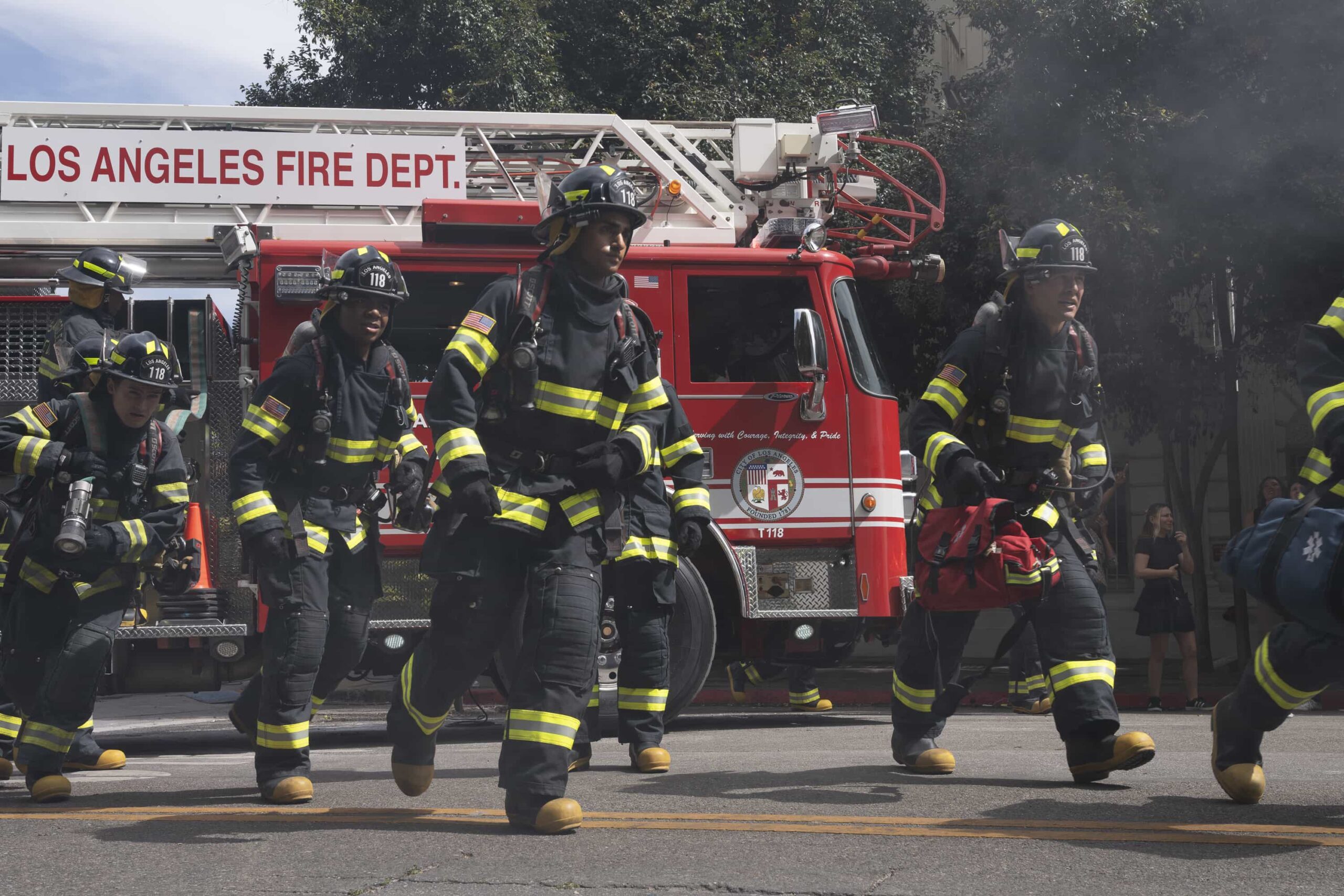 9-1-1 Season 9 Episode 16 - “Where There’s Smoke” - The 118 must account for every decision made during a recent fire call when the team’s actions are investigated for possible mistakes. Meanwhile, Buck works behind the scenes to support his team as he waits to learn if he can return to the station. THURSDAY, APRIL 2 (THURSDAY, APRIL 2) on ABC. (Disney/Christopher Willard) 
MICHAEL JOHNSTON, ELIJAH M. COOPER, ANIRUDH PISHARODY, RYAN GUZMAN