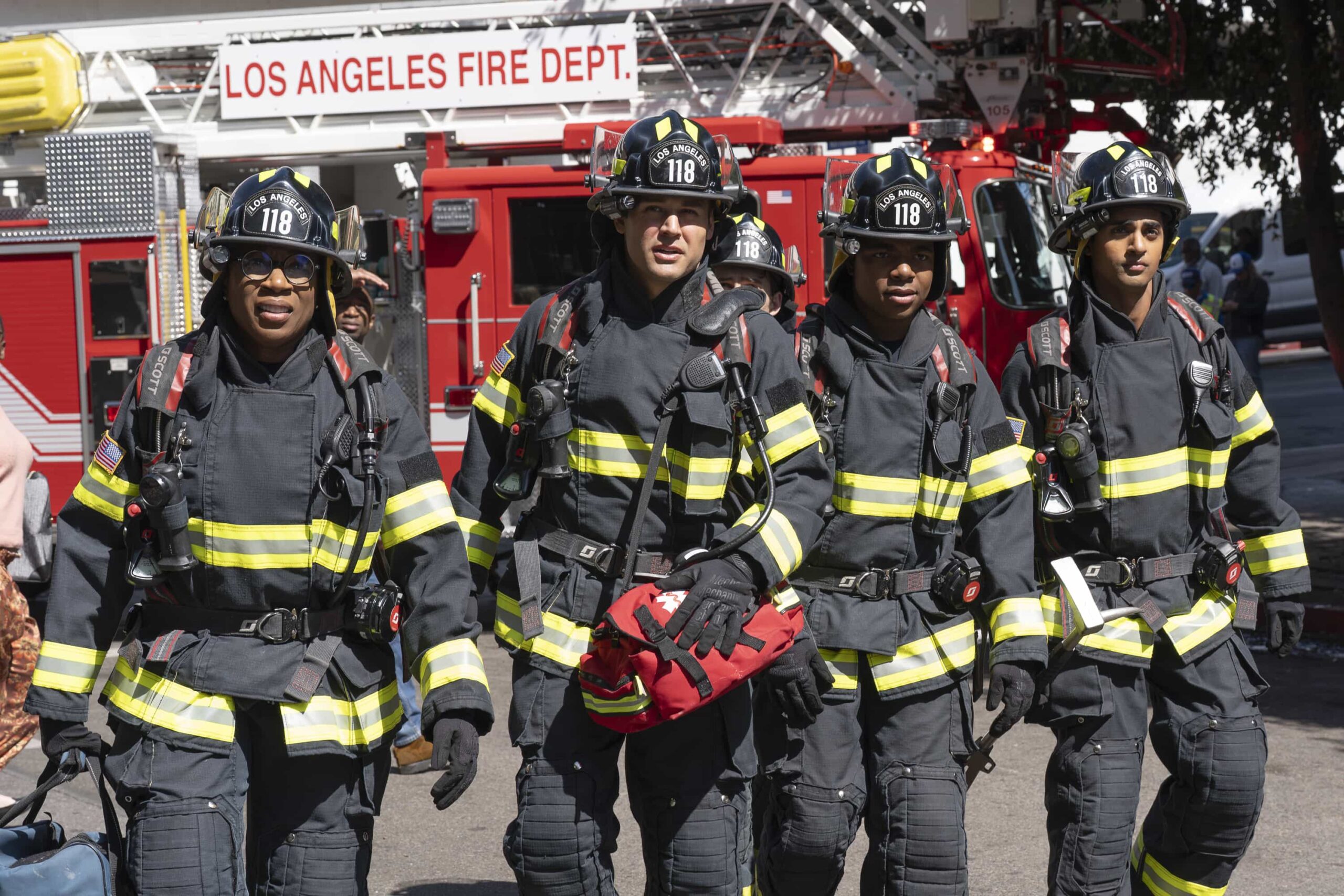 9-1-1 Season 9 Episode 16 - “Where There’s Smoke” - The 118 must account for every decision made during a recent fire call when the team’s actions are investigated for possible mistakes. Meanwhile, Buck works behind the scenes to support his team as he waits to learn if he can return to the station. THURSDAY, APRIL 2 (THURSDAY, APRIL 2) on ABC. (Disney/Christopher Willard) 
AISHA HINDS, RYAN GUZMAN, ELIJAH M. COOPER, ANIRUDH PISHARODY