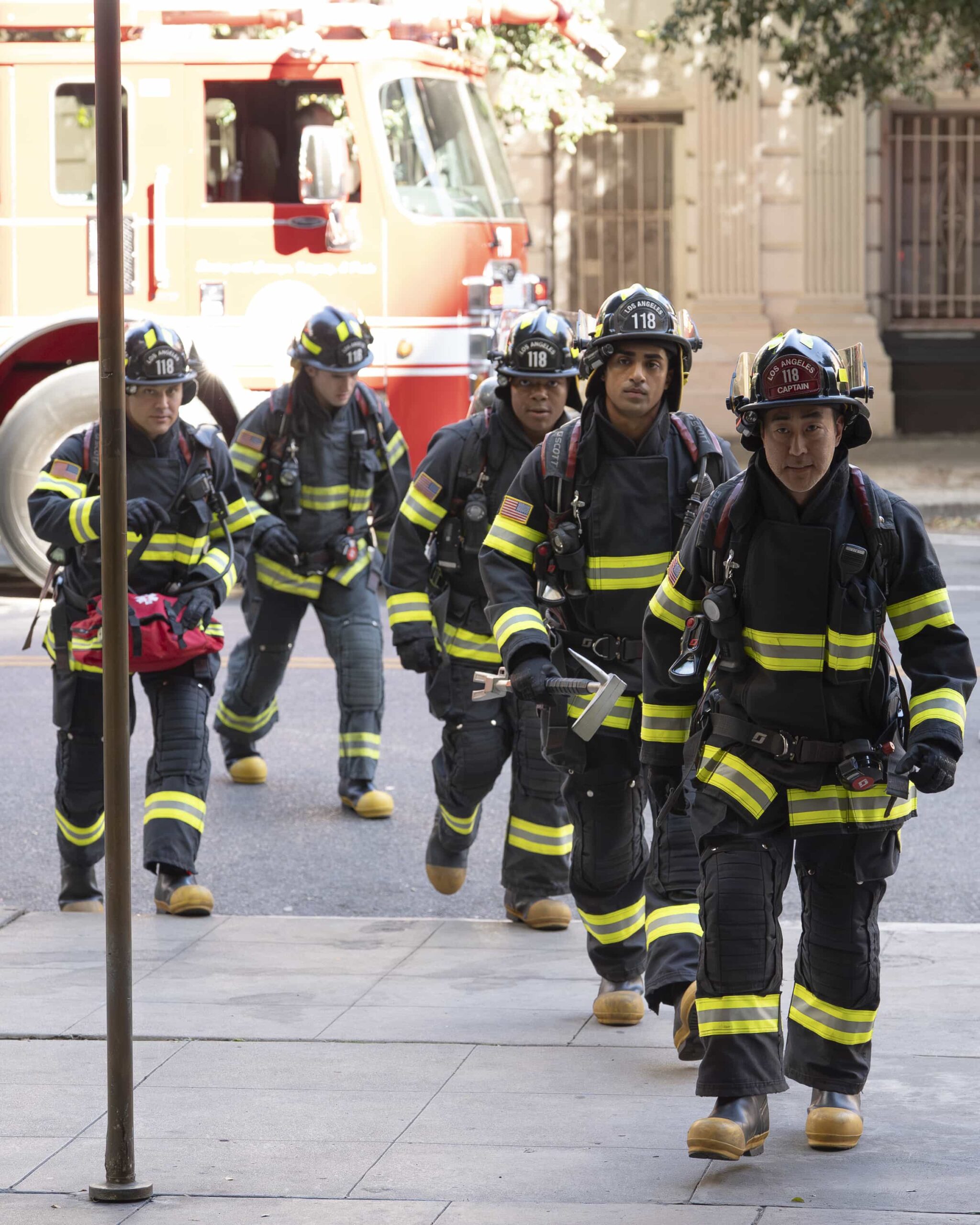 9-1-1 Season 9 Episode 16 - “Where There’s Smoke” - The 118 must account for every decision made during a recent fire call when the team’s actions are investigated for possible mistakes. Meanwhile, Buck works behind the scenes to support his team as he waits to learn if he can return to the station. THURSDAY, APRIL 2 (THURSDAY, APRIL 2) on ABC. (Disney/Christopher Willard) 
RYAN GUZMAN, MICHAEL JOHNSTON, ELIJAH M. COOPER, ANIRUDH PISHARODY, KENNETH CHOI