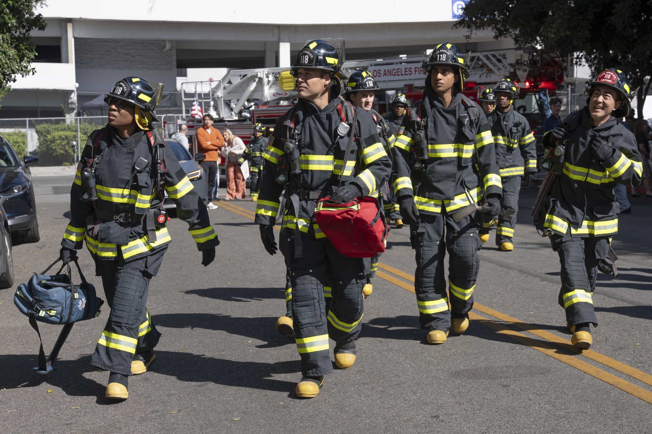 9-1-1 Season 9 Episode 16 Photo - “Where There’s Smoke” - The 118 must account for every decision made during a recent fire call when the team’s actions are investigated for possible mistakes. Meanwhile, Buck works behind the scenes to support his team as he waits to learn if he can return to the station. THURSDAY, APRIL 2 (THURSDAY, APRIL 2) on ABC. (Disney/Christopher Willard) 
AISHA HINDS, RYAN GUZMAN, MICHAEL JOHNSTON, ANIRUDH PISHARODY, KENNETH CHOI