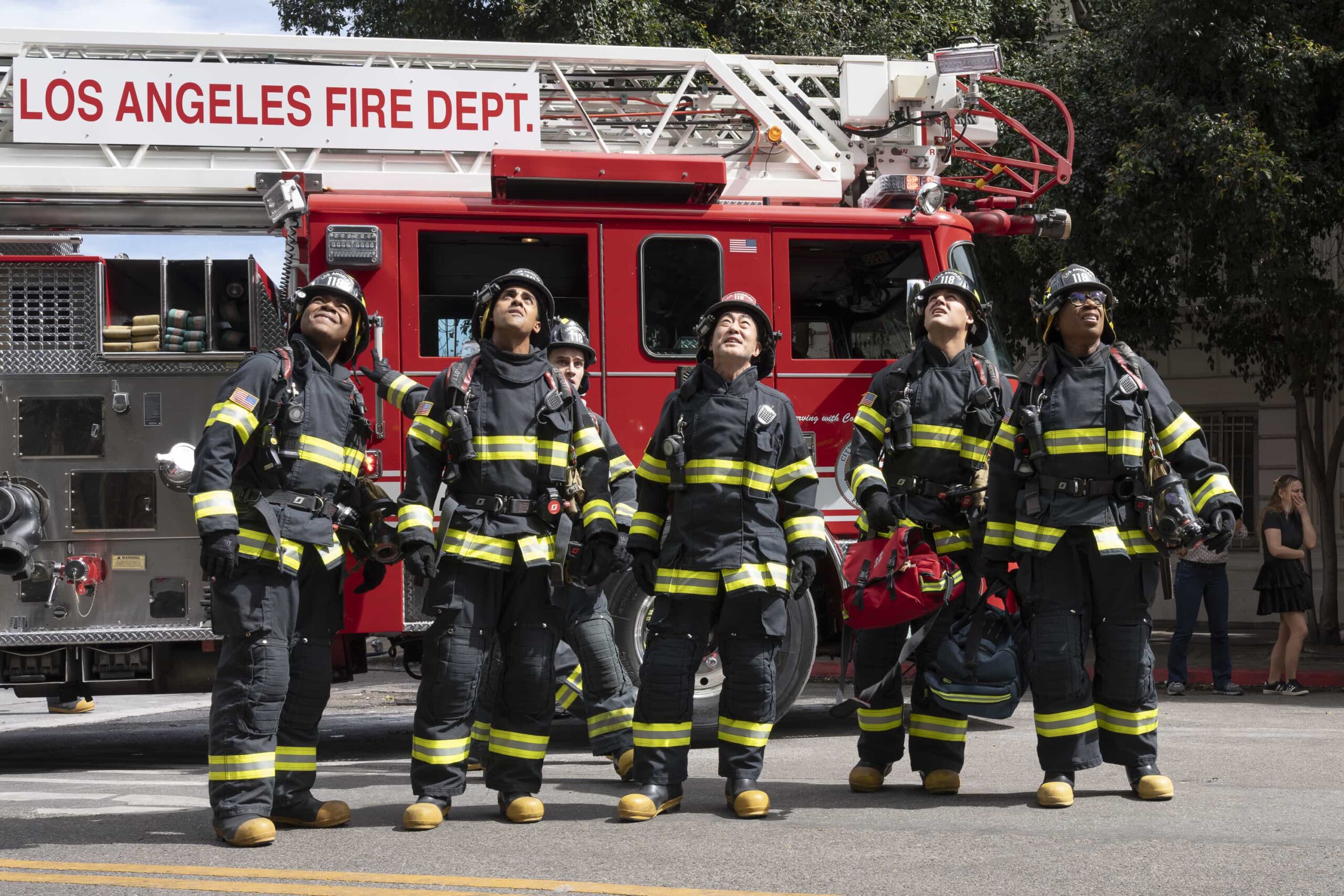 9-1-1 Season 9 Episode 16 - “Where There’s Smoke” - The 118 must account for every decision made during a recent fire call when the team’s actions are investigated for possible mistakes. Meanwhile, Buck works behind the scenes to support his team as he waits to learn if he can return to the station. THURSDAY, APRIL 2 (THURSDAY, APRIL 2) on ABC. (Disney/Christopher Willard) 
ELIJAH M. COOPER, ANIRUDH PISHARODY, MICHAEL JOHNSTON, KENNETH CHOI, RYAN GUZMAN, AISHA HINDS