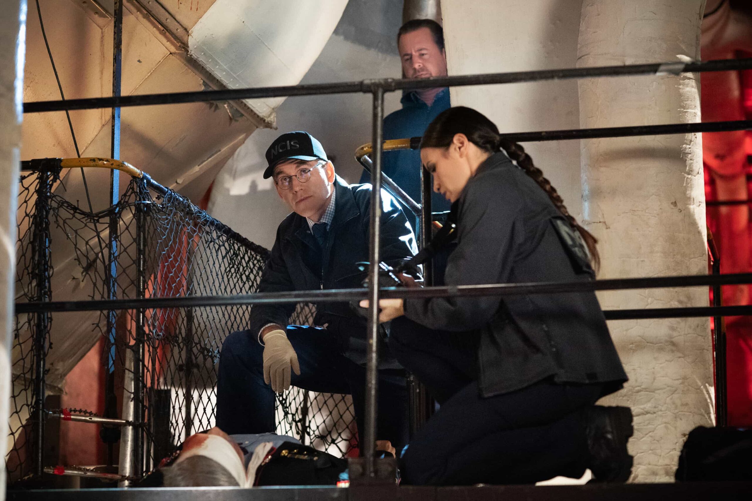 NCIS Season 23 Episode 15 image - “KNICK-KNACK” - CBS Original Series NCIS, scheduled to air TUESDAY, APRIL 7 (8:00 PM ET/PT)    Pictured (L-R): Sean Murray as Timothy McGee, Katrina Law as Jessica Knight, and  Brian Dietzen as Jimmy Palmer     Photo: Robert Voets/CBS   ©2026 CBS Broadcasting, Inc. All Rights Reserved.