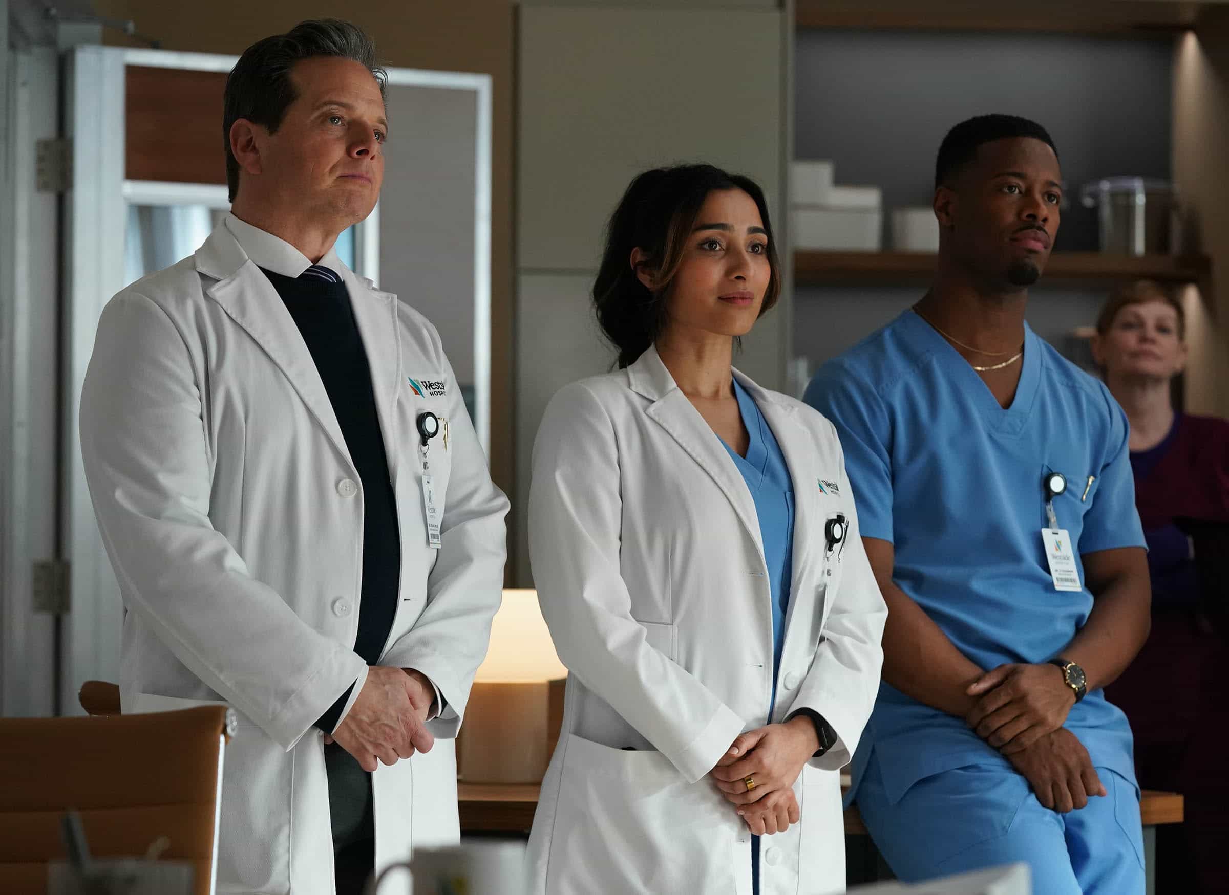 DOC Season 2 Episode 20 Image : L-R: Scott Wolf, Anya Banerjee and Patrick Walker in the "Big Chair" episode of DOC airing Tuesday, April. 7 (9:00-10:00 PM ET/PT) on FOX. CR: John Medland/FOX. ©2026 FOX Media LLC.