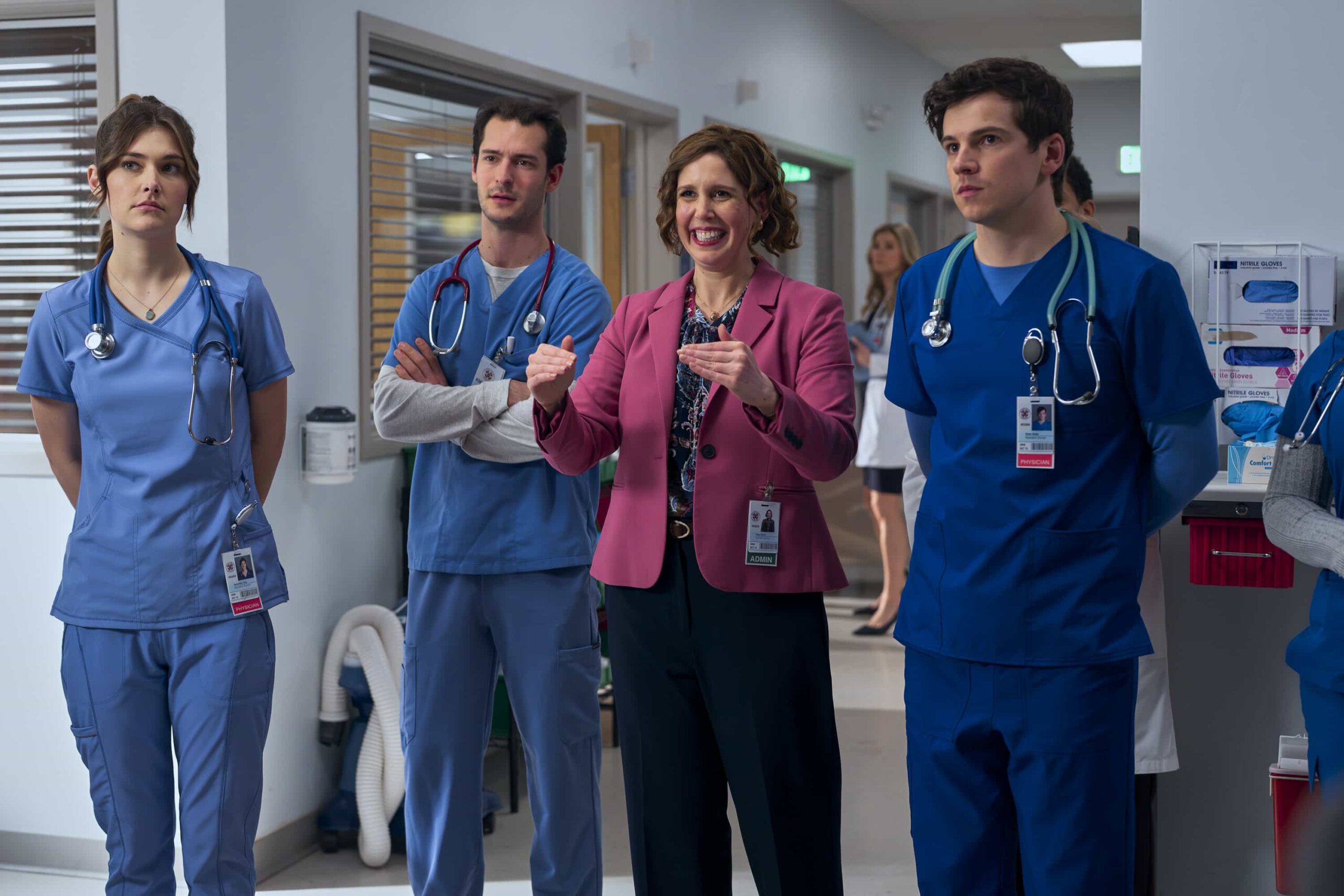 SCRUBS Season 10 Episode 8 - “My Odds” - J.D. has finally hit his stride as the new chief of medicine, only to be shaken by an unexpected visit. Meanwhile, Elliot grapples with being a good mentor for the interns while still holding them accountable. WEDNESDAY, APRIL 8 (8:00-8:30 p.m. EDT) on ABC. (Disney/Darko Sikman) 
AVA BUNN, VANESSA BAYER, JACOB DUDMAN