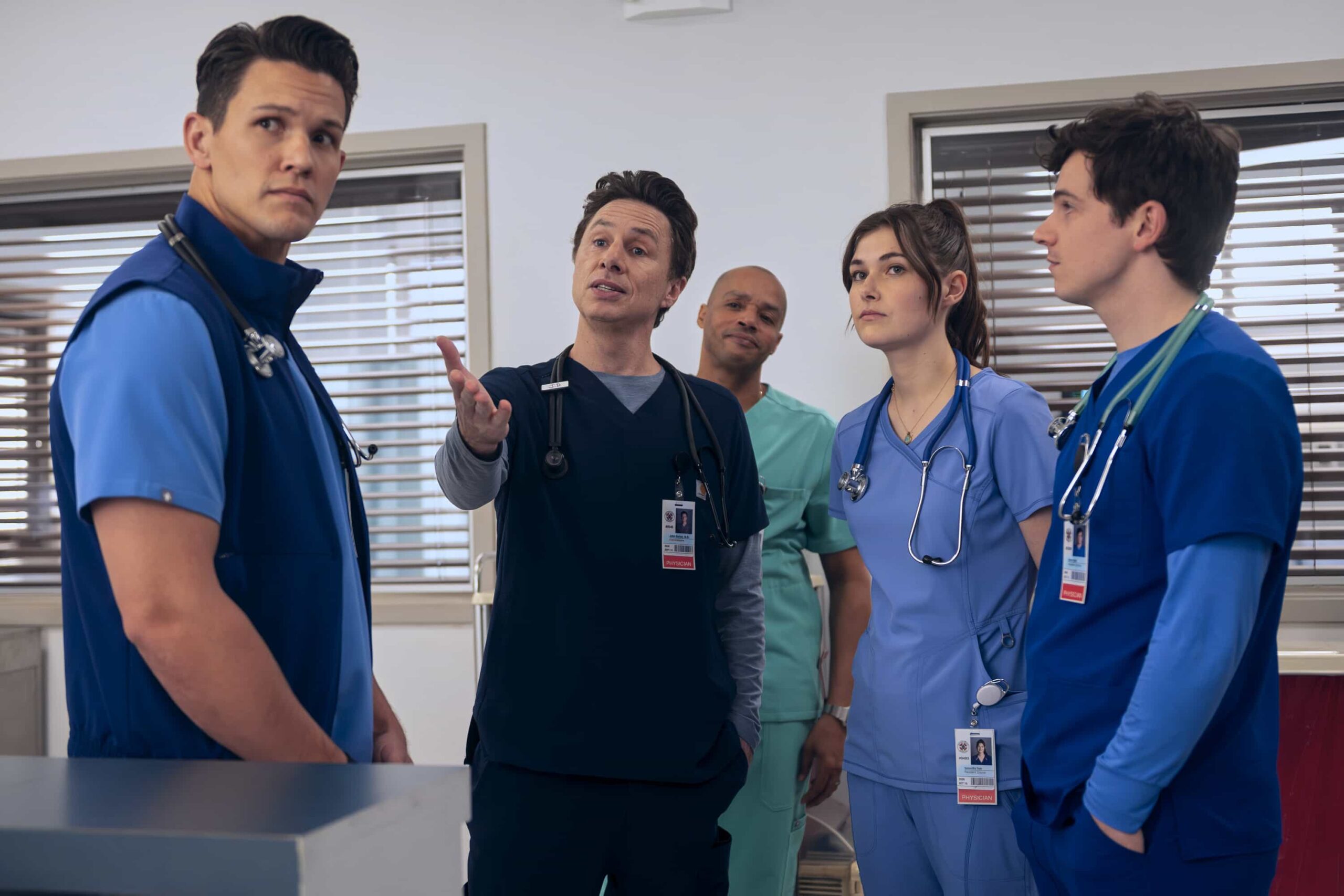 SCRUBS Season 10 Episode 8 Image - “My Odds” - J.D. has finally hit his stride as the new chief of medicine, only to be shaken by an unexpected visit. Meanwhile, Elliot grapples with being a good mentor for the interns while still holding them accountable. WEDNESDAY, APRIL 8 (8:00-8:30 p.m. EDT) on ABC. (Disney/Sergei Bachlakov) 
DAVID GRIDLEY, ZACH BRAFF, DONALD FAISON, AVA BUNN, JACOB DUDMAN