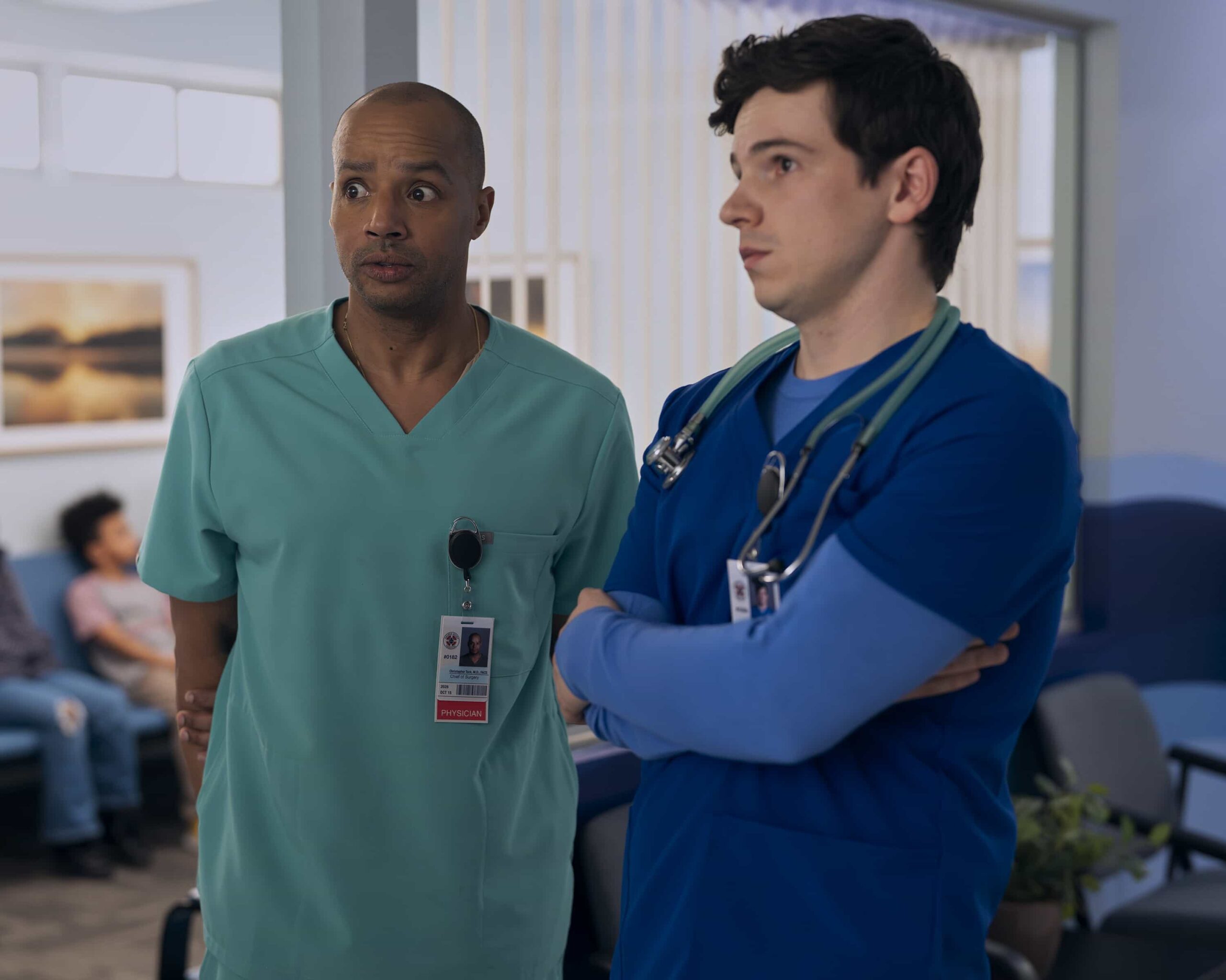 SCRUBS - “My Odds” - J.D. has finally hit his stride as the new chief of medicine, only to be shaken by an unexpected visit. Meanwhile, Elliot grapples with being a good mentor for the interns while still holding them accountable. WEDNESDAY, APRIL 8 (8:00-8:30 p.m. EDT) on ABC. (Disney/Darko Sikman) 
DONALD FAISON, JACOB DUDMAN
