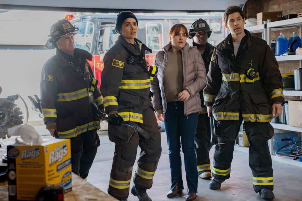 CHICAGO FIRE -- "Sway" Episode 1417 -- Pictured: (l-r) David Eigenberg as Christopher Herrmann, Miranda Rae Mayo as Stella Kidd, Dani Pike as Jackie, Leroy Williams III as Ballard, Brandon Larracuente as Sal Vasquez -- (Photo by: Peter Gordon/NBC)