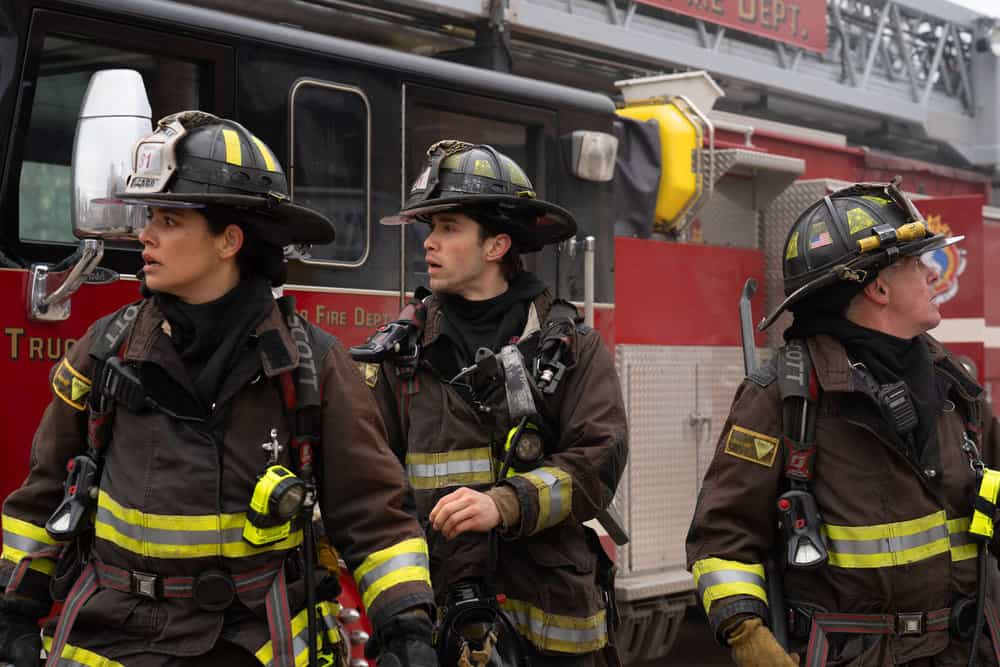 CHICAGO FIRE Season 14 Episode 17 Picture -- "Sway" Episode 1417 -- Pictured: (l-r) Miranda Rae Mayo as Stella Kidd, Brandon Larracuente as Sal Vasquez, David Eigenberg as Christopher Herrmann -- (Photo by: Peter Gordon/NBC)