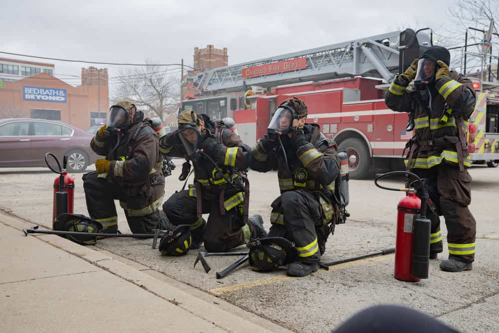 CHICAGO FIRE Season 14 Episode 17 Photo -- "Sway" Episode 1417 -- Pictured: (l-r) Leroy Williams III as Ballard, Miranda Rae Mayo as Stella Kidd, Brandon Larracuente as Sal Vasquez, David Eigenberg as Christopher Herrmann -- (Photo by: Peter Gordon/NBC)