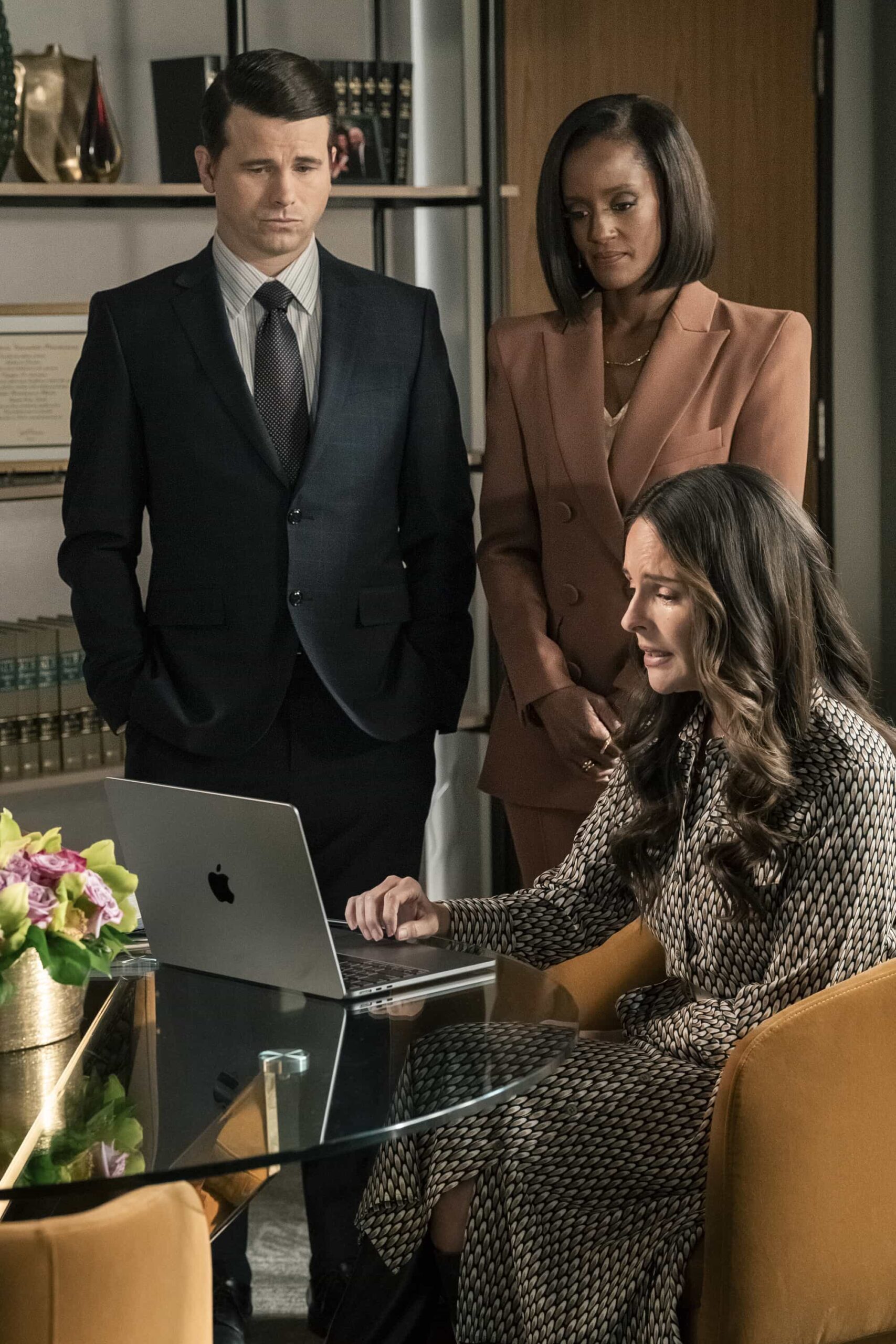 Matlock Season 2 Episode 13 Promo - “The Future is Nigh” — CBS Original Series, MATLOCK, scheduled to air on Thursday, April 9 (9:00-10:00 PM, ET/PT).  Pictured (L-R): Jason Ritter as “Julian Markston,” Skye P. Marshall as “Olympia Lawrence,” and Yara Martinez as “Vicki.” Photo: Michael Yarish/CBS ©2026 CBS Entertainment Inc. All Rights Reserved.
