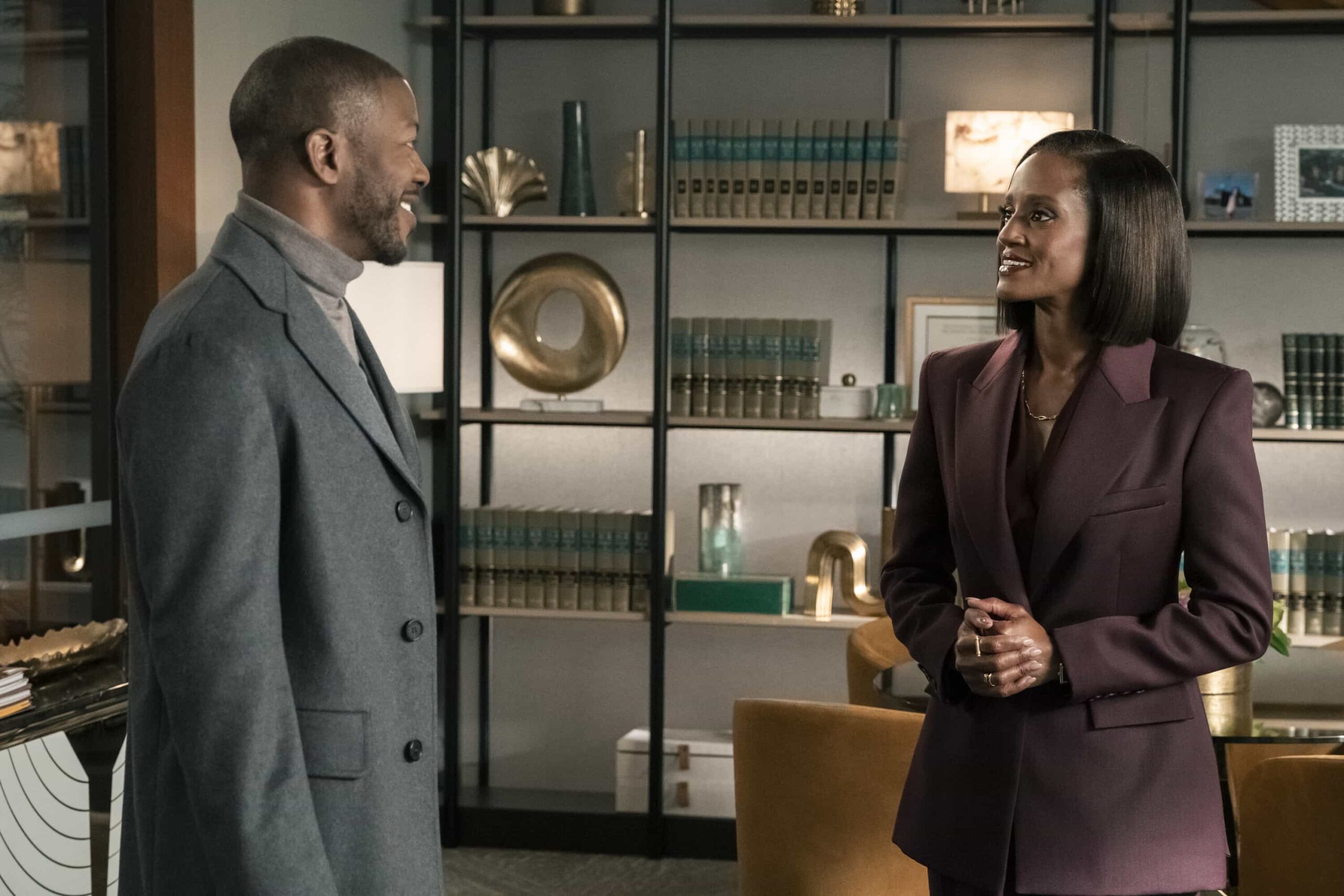 Matlock Season 2 Episode 13 Still - “The Future is Nigh” — CBS Original Series, MATLOCK, scheduled to air on Thursday, April 9 (9:00-10:00 PM, ET/PT).  Pictured (L-R): Edwin Hodge as “Langston Wright” and Skye P. Marshall as “Olympia Lawrence” Photo: Michael Yarish/CBS ©2026 CBS Entertainment Inc. All Rights Reserved.