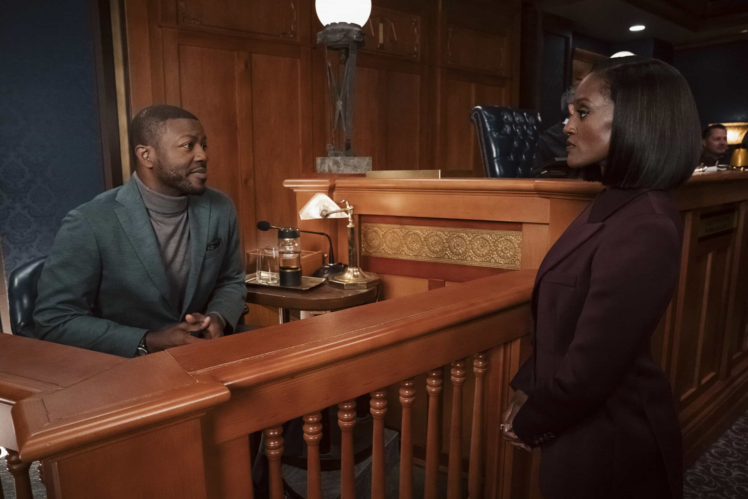 Matlock Season 2 Episode 13 Image - “The Future is Nigh” — CBS Original Series, MATLOCK, scheduled to air on Thursday, April 9 (9:00-10:00 PM, ET/PT).  Pictured (L-R): Edwin Hodge as “Langston Wright” and Skye P. Marshall as “Olympia Lawrence” Photo: Michael Yarish/CBS ©2026 CBS Entertainment Inc. All Rights Reserved.