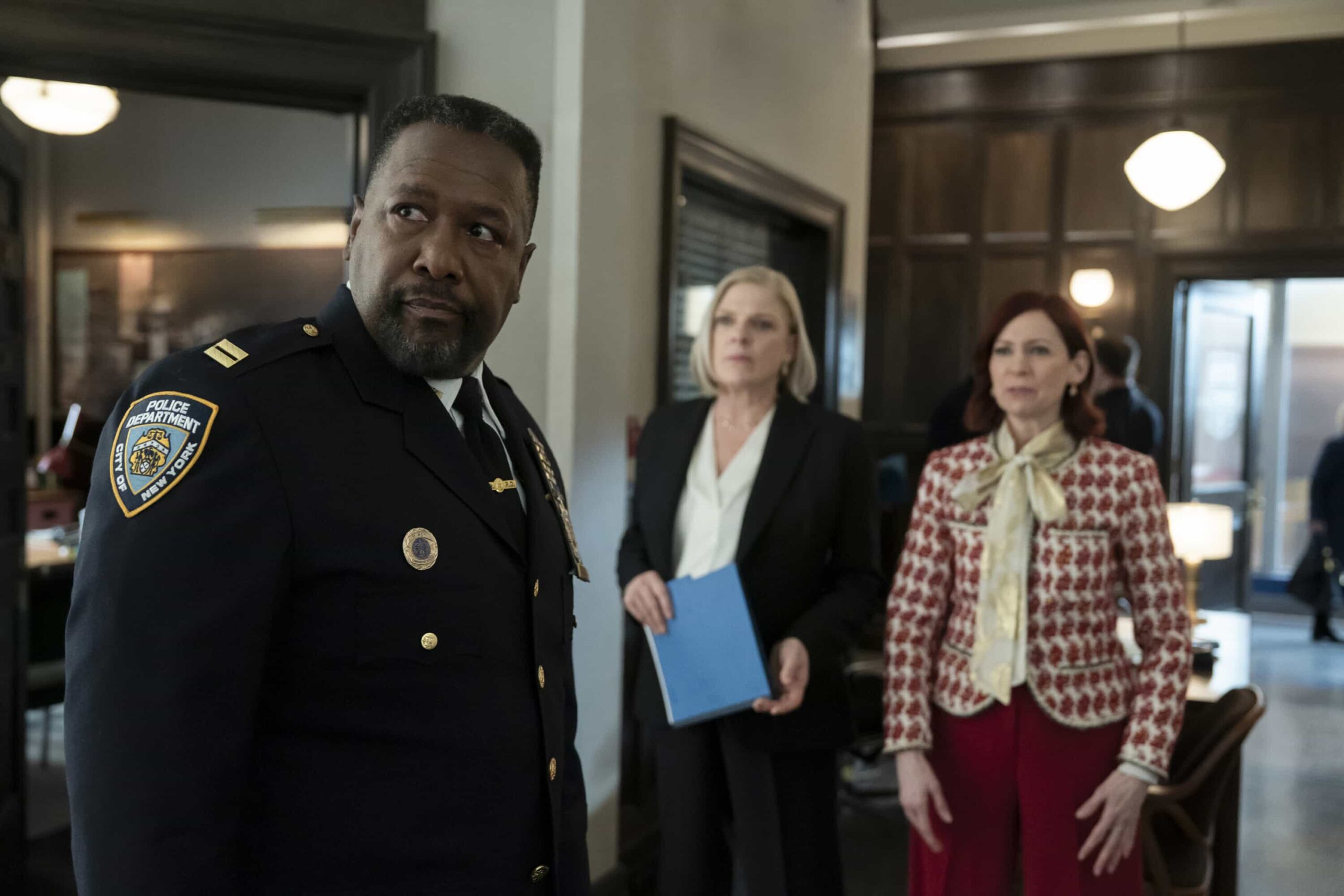 Elsbeth Season 3 Episode 15 Image - "Otherwise Enraged" -- Coverage of the CBS Original Series ELSBETH, scheduled to air on the CBS Television Network.   Pictured (L-R): Wendell Pierce as Captain Wagner, Molly Price as Det. Jackie Donnelly and Carrie Preston as Elsbeth Tascioni   Photo: Michael Parmelee/CBS ©2026 CBS Broadcasting, Inc. All Rights Reserved.