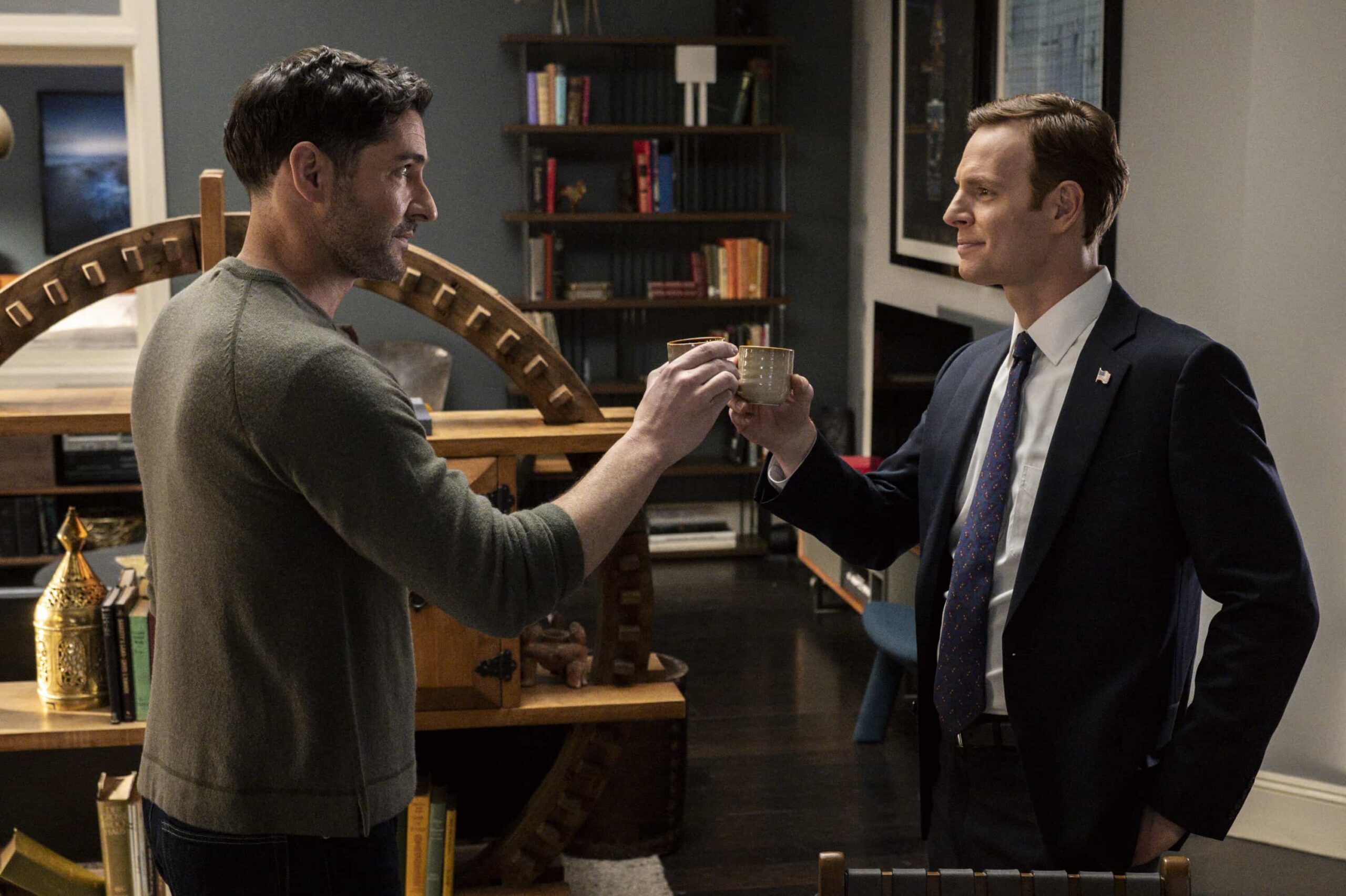 CIA Season 1 Episode 7 - "Elimination Game" -- CBS Original Series CIA, scheduled to air on Monday, April 13 (10:00-11:00 PM, ET/PT).  Pictured (L-R): Tom Ellis as CIA Case Officer Colin Glass and Nick Gehlfuss as Special Agent Bill Goodman. Photo: Mark Schafer/CBS ©2025 CBS Broadcasting, Inc. All Rights Reserved.