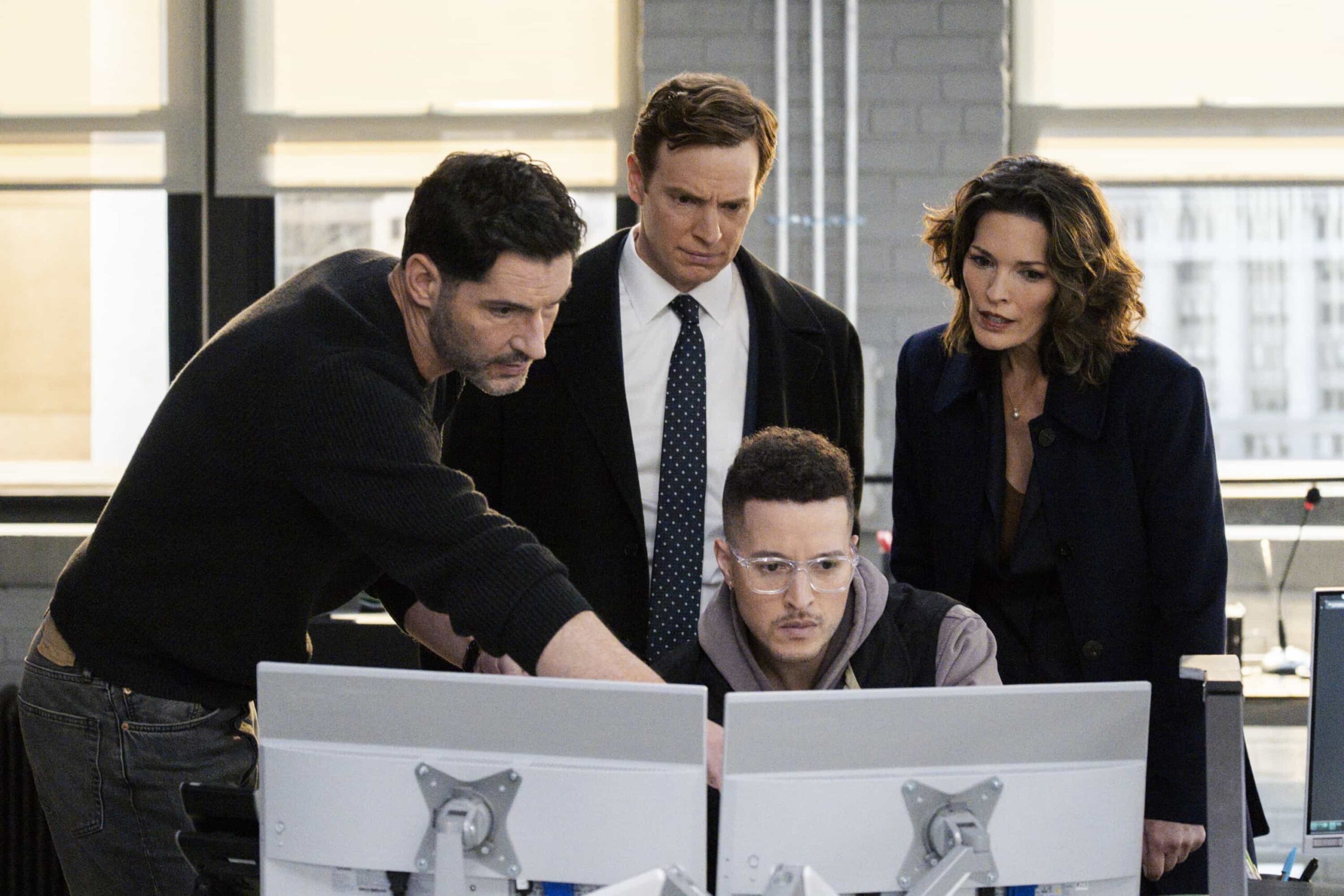 CIA Season 1 Episode 7 - "Elimination Game" -- CBS Original Series CIA, scheduled to air on Monday, April 13 (10:00-11:00 PM, ET/PT).   Pictured (L-R): Tom Ellis as CIA Case Officer Colin Glass, Nick Gehlfuss as Special Agent Bill Goodman, Manny Ureña as Miguel “Migo” Halim, and Alana De La Garza as Special Agent in Charge Isobel Castille. Photo: Mark Schafer/CBS ©2025 CBS Broadcasting, Inc. All Rights Reserved.