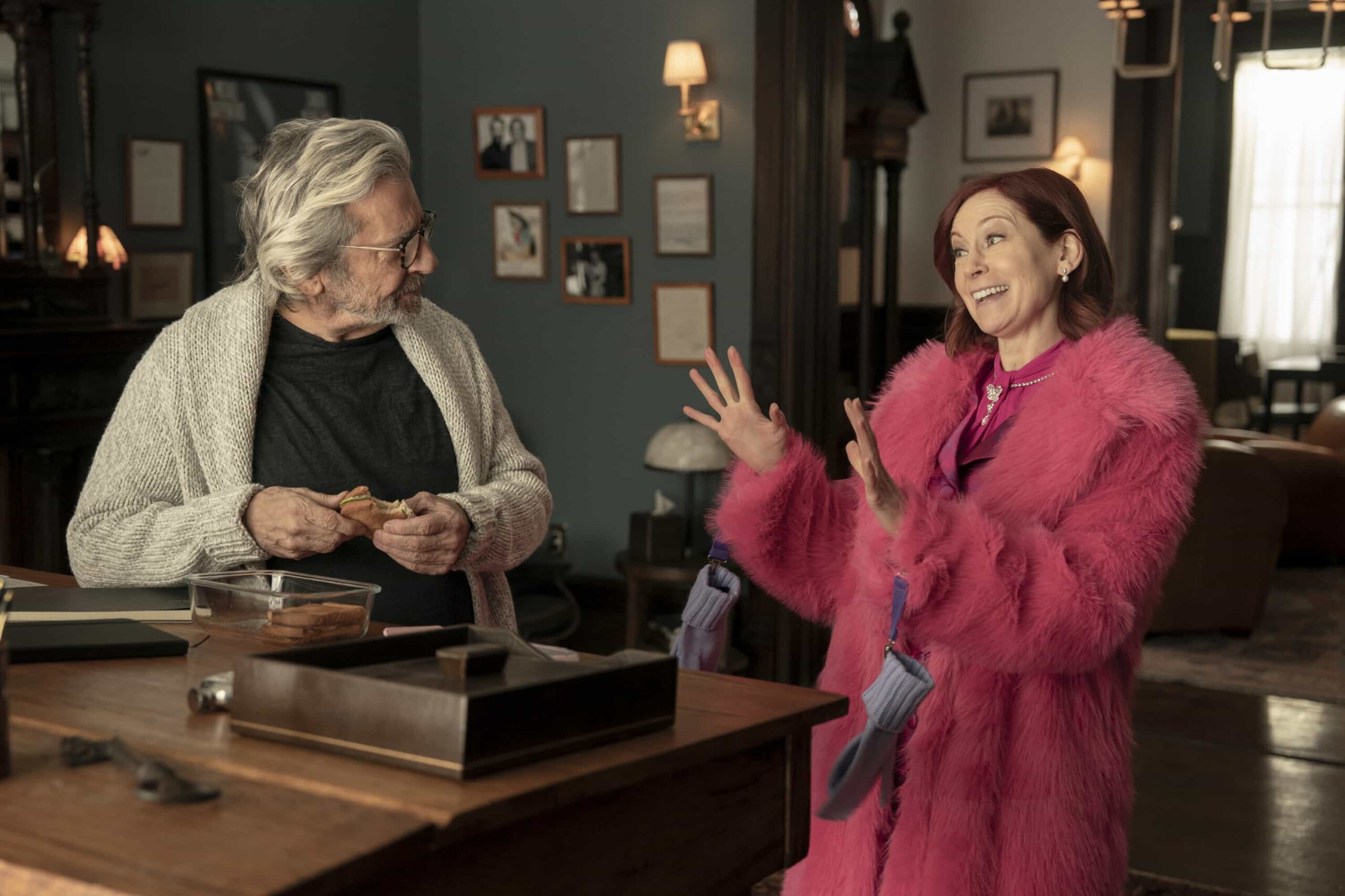 Elsbeth Season 3 Episode 16  - "Murder, He Wrote" -- Coverage of the CBS Original Series ELSBETH, scheduled to air on the CBS Television Network.      Pictured L to R: Griffin Dunne as Elliott Pope and Carrie Preston as Elsbeth Tascioni. Photo: Michael Parmelee/CBS ©2026 CBS Broadcasting, Inc. All Rights Reserved.