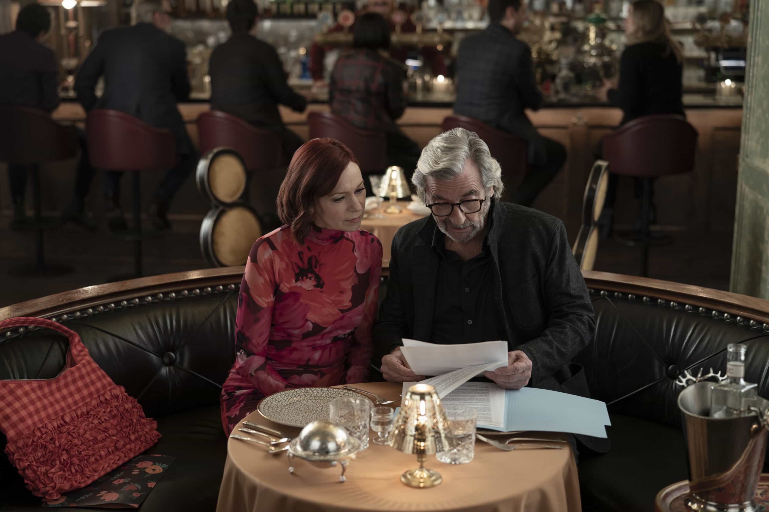 Elsbeth Season 3 Episode 16  - "Murder, He Wrote" -- Coverage of the CBS Original Series ELSBETH, scheduled to air on the CBS Television Network.      Pictured L to R: Carrie Preston as Elsbeth Tascioni  and Griffin Dunne as Elliott Pope. Photo: Michael Parmelee/CBS ©2026 CBS Broadcasting, Inc. All Rights Reserved.