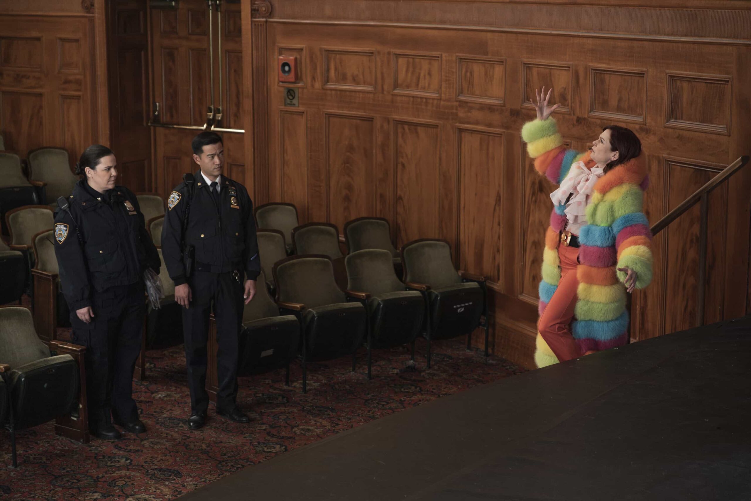 Elsbeth Season 3 Episode 16  - "Murder, He Wrote" -- Coverage of the CBS Original Series ELSBETH, scheduled to air on the CBS Television Network.     Pictured L to R: Lindsay Mendez as Officer Grace Hackett, Daniel K. Isaac as LT. Connor and Carrie Preston as Elsbeth Tascioni. Photo: Michael Parmelee/CBS ©2026 CBS Broadcasting, Inc. All Rights Reserved.