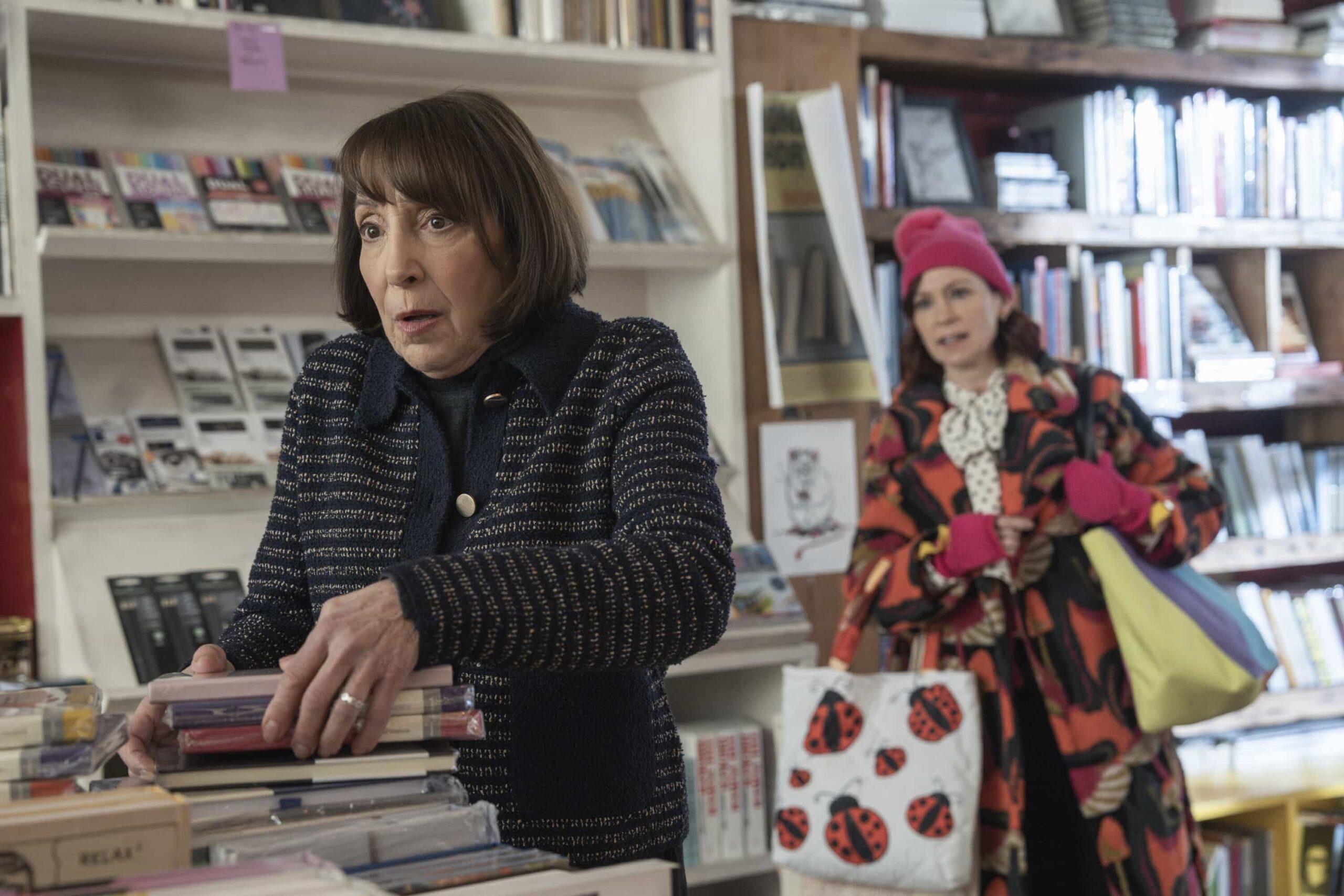 Elsbeth Season 3 Episode 16  -"Murder, He Wrote" -- Coverage of the CBS Original Series ELSBETH, scheduled to air on the CBS Television Network.    Pictured L to R: Didi Conn as Beverly Corman and Carrie Preston as Elsbeth Tascioni. Photo: Michael Parmelee/CBS ©2026 CBS Broadcasting, Inc. All Rights Reserved.