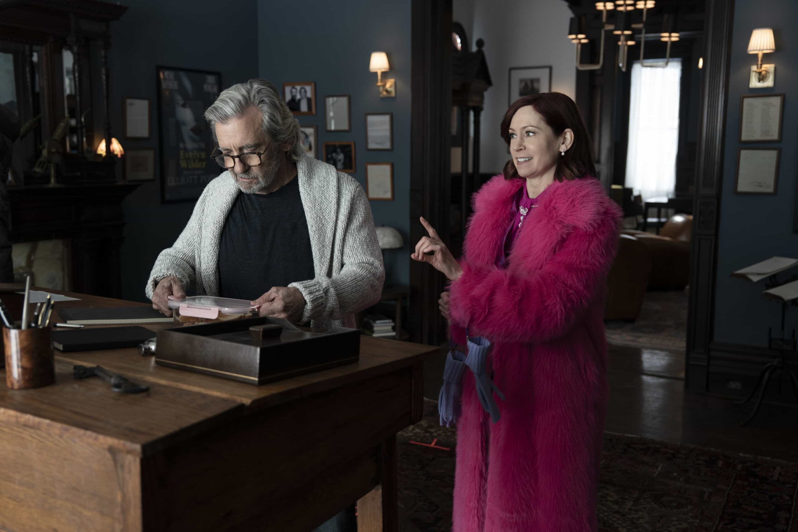 Elsbeth Season 3 Episode 16  - "Murder, He Wrote" -- Coverage of the CBS Original Series ELSBETH, scheduled to air on the CBS Television Network.       Pictured L to R: Griffin Dunne as Elliott Pope and Carrie Preston as Elsbeth Tascioni. Photo: Michael Parmelee/CBS ©2026 CBS Broadcasting, Inc. All Rights Reserved.