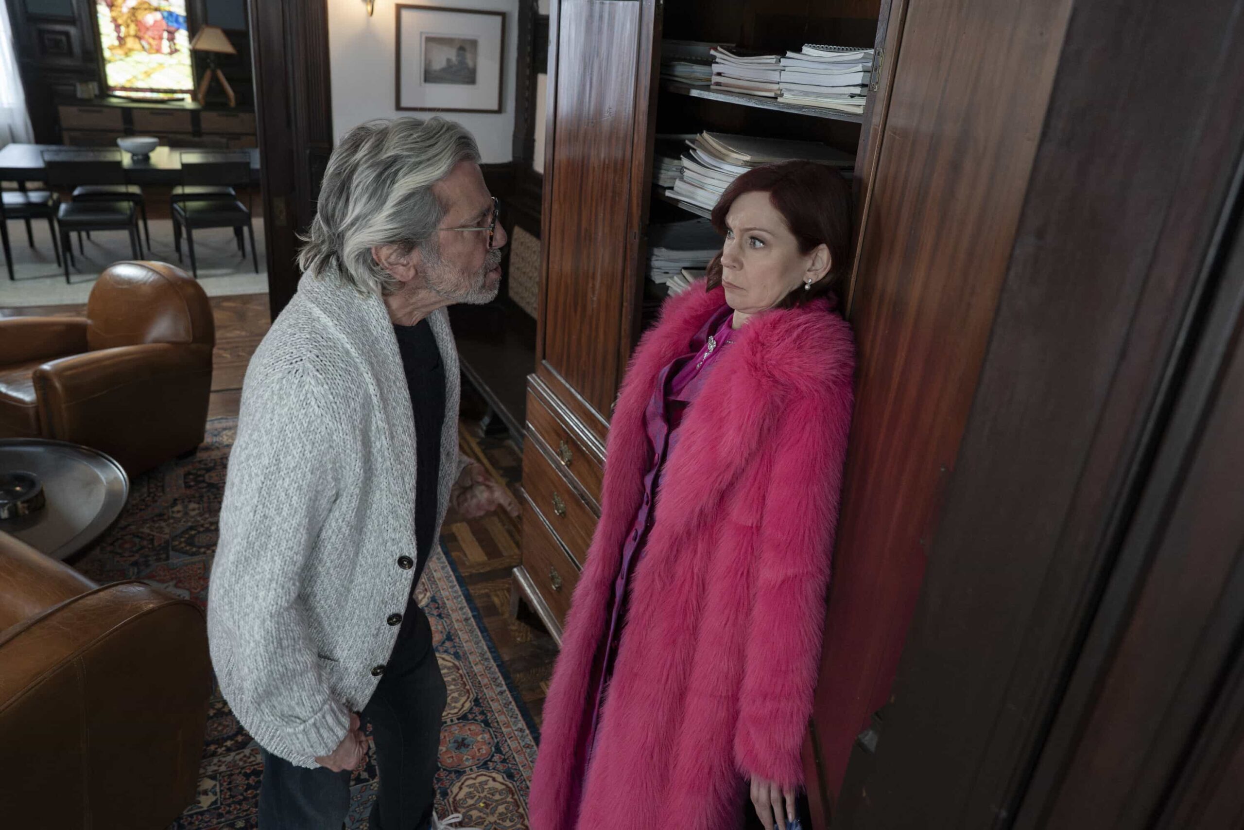 Elsbeth Season 3 Episode 16  - "Murder, He Wrote" -- Coverage of the CBS Original Series ELSBETH, scheduled to air on the CBS Television Network.      Pictured L to R: Griffin Dunne as Elliott Pope and Carrie Preston as Elsbeth Tascioni. Photo: Michael Parmelee/CBS ©2026 CBS Broadcasting, Inc. All Rights Reserved.