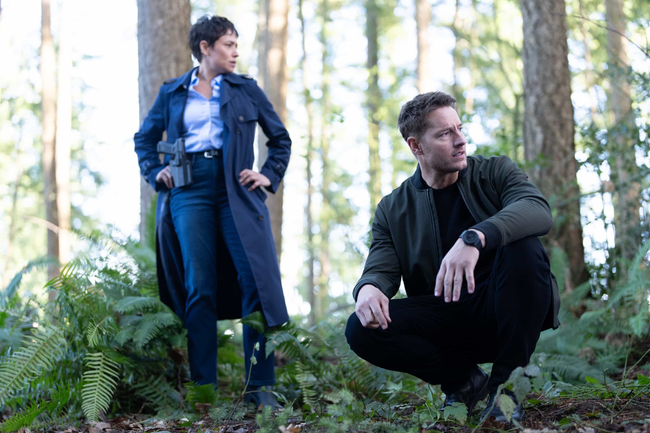 Tracker Season 3 Episode 17 Photo - "Daughters" -- Coverage of the CBS Original Series TRACKER, scheduled to air on the CBS Television Network.  Pictured: Briana Venskus-Vazquez as Agent Temple and Justin Hartley as Colter Shaw. Photo: Darko Sikman/CBS ©2026 CBS Broadcasting, Inc. All Rights Reserved.