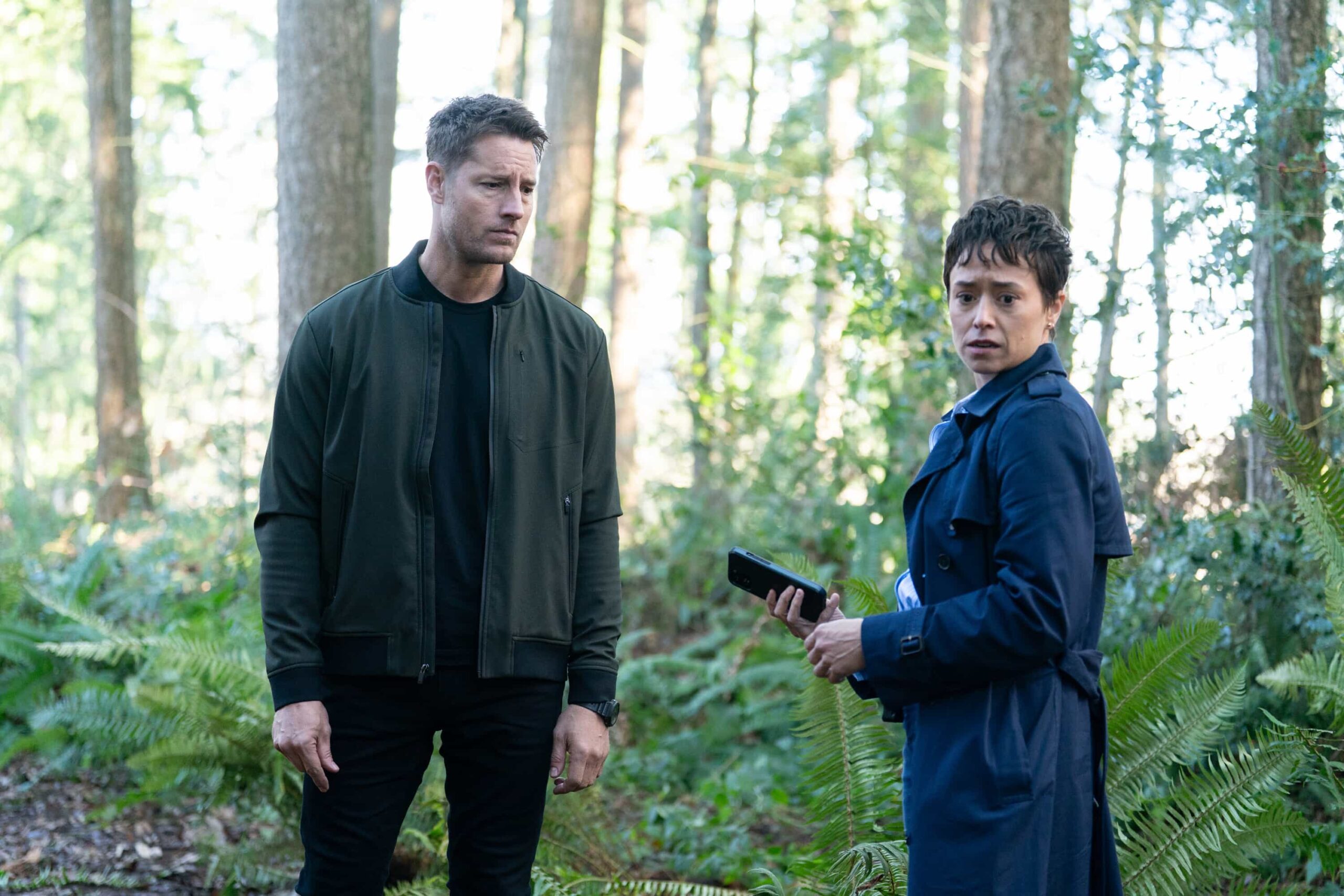 Tracker Season 3 Episode 17 Picture -"Daughters" -- Coverage of the CBS Original Series TRACKER, scheduled to air on the CBS Television Network.  Pictured: Justin Hartley as Colter Shaw and Briana Venskus-Vazquez as Agent Temple. Photo: Darko Sikman/CBS ©2026 CBS Broadcasting, Inc. All Rights Reserved.