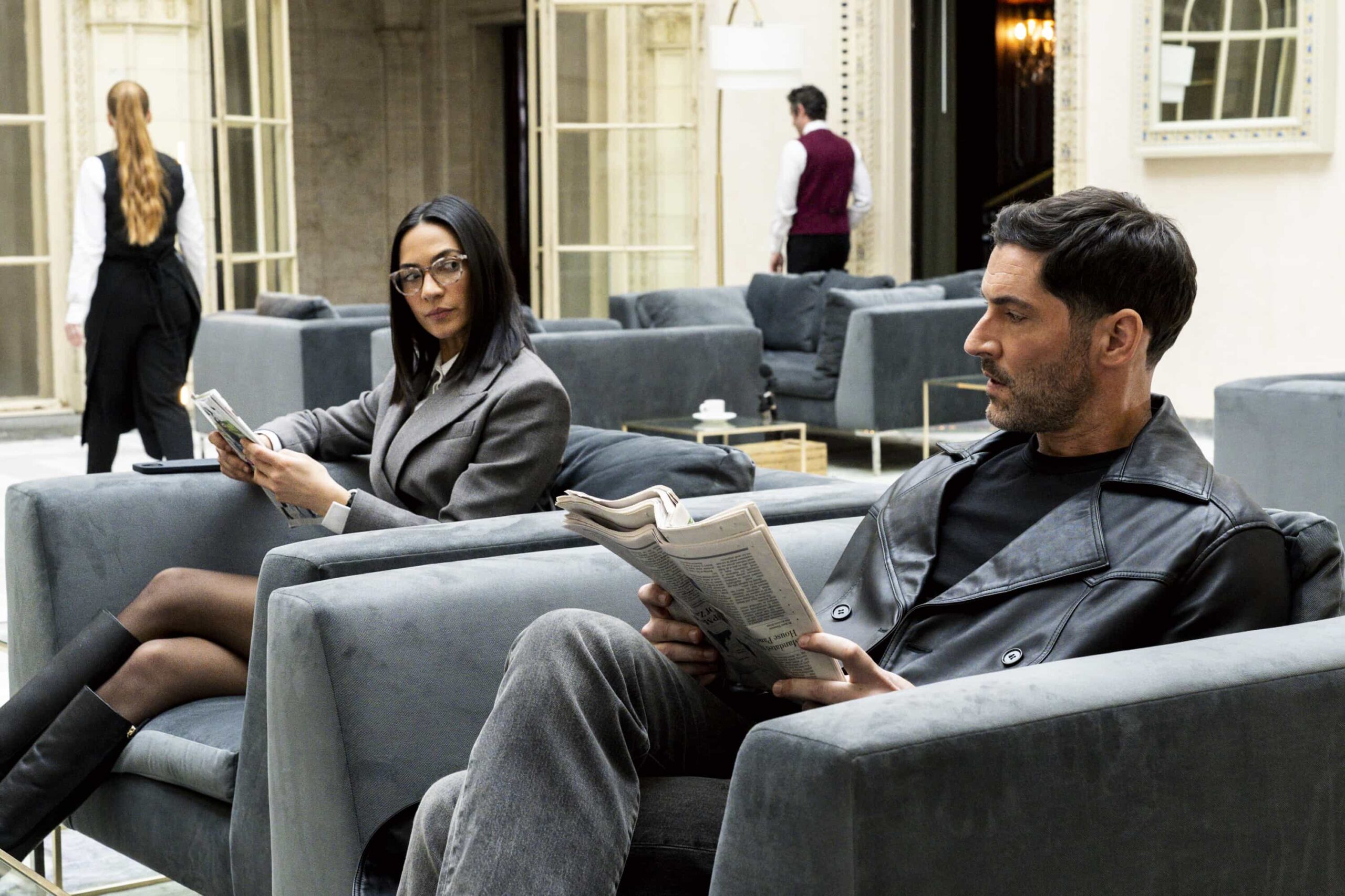 "Orbital" -- CBS Original Series CIA, scheduled to air on Monday, April 20 (10:00-11:00 PM, ET/PT).  Pictured (L-R): Natalee Linez as CIA Analyst Gina Gosian and Tom Ellis as CIA Case Officer Colin Glass. Photo: Mark Schafer/CBS ©2026 CBS Broadcasting, Inc. All Rights Reserved.