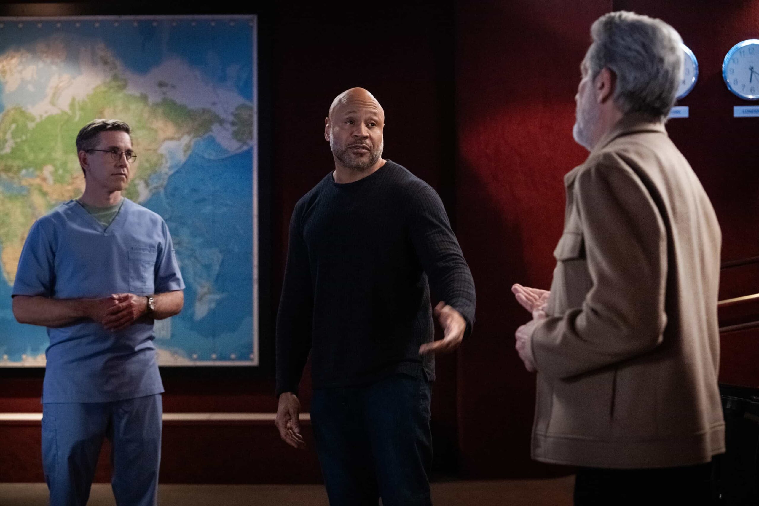 NCIS Season 23 Episode 17 “REBOOT.” - CBS Original Series NCIS, scheduled to air TUESDAY, APRIL 21 (8:00 PM ET/PT)  Pictured (L-R): Brian Dietzen as Jimmy Palmer, LL Cool J as Sam Hanna, Gary Cole as Alden Parker Photo: Robert Voets/CBS  ©2026 CBS Broadcasting, Inc. All Rights Reserved.
